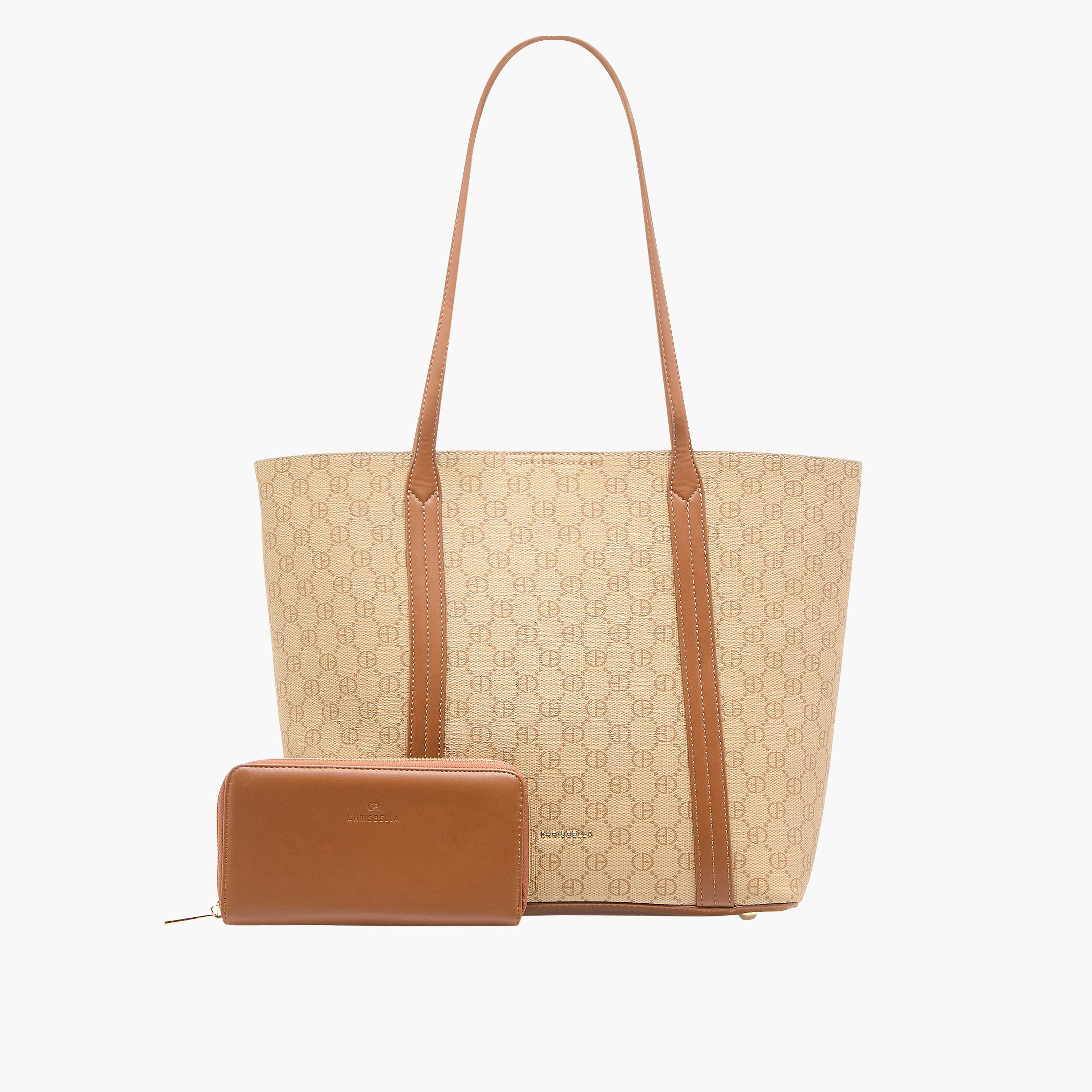 Chrisbella Printed Tote Bag with Double Handle and Zip Around Wallet-women-bagsandwallets-handbags-image-1