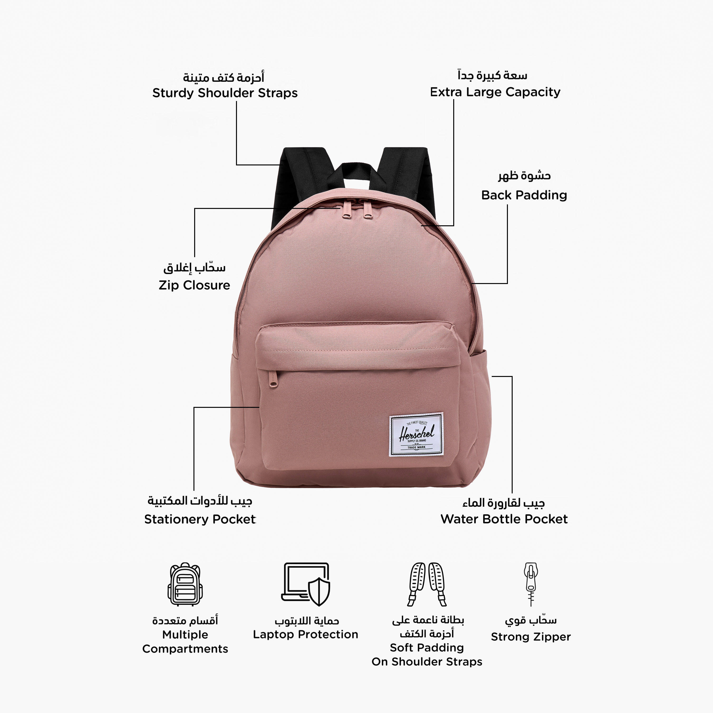 Herschel Supply Co Solid Backpack with Adjustable Straps and Zip Closure - 15x35x42 cms-school-bagsandbackpacks-backpacks-image-2