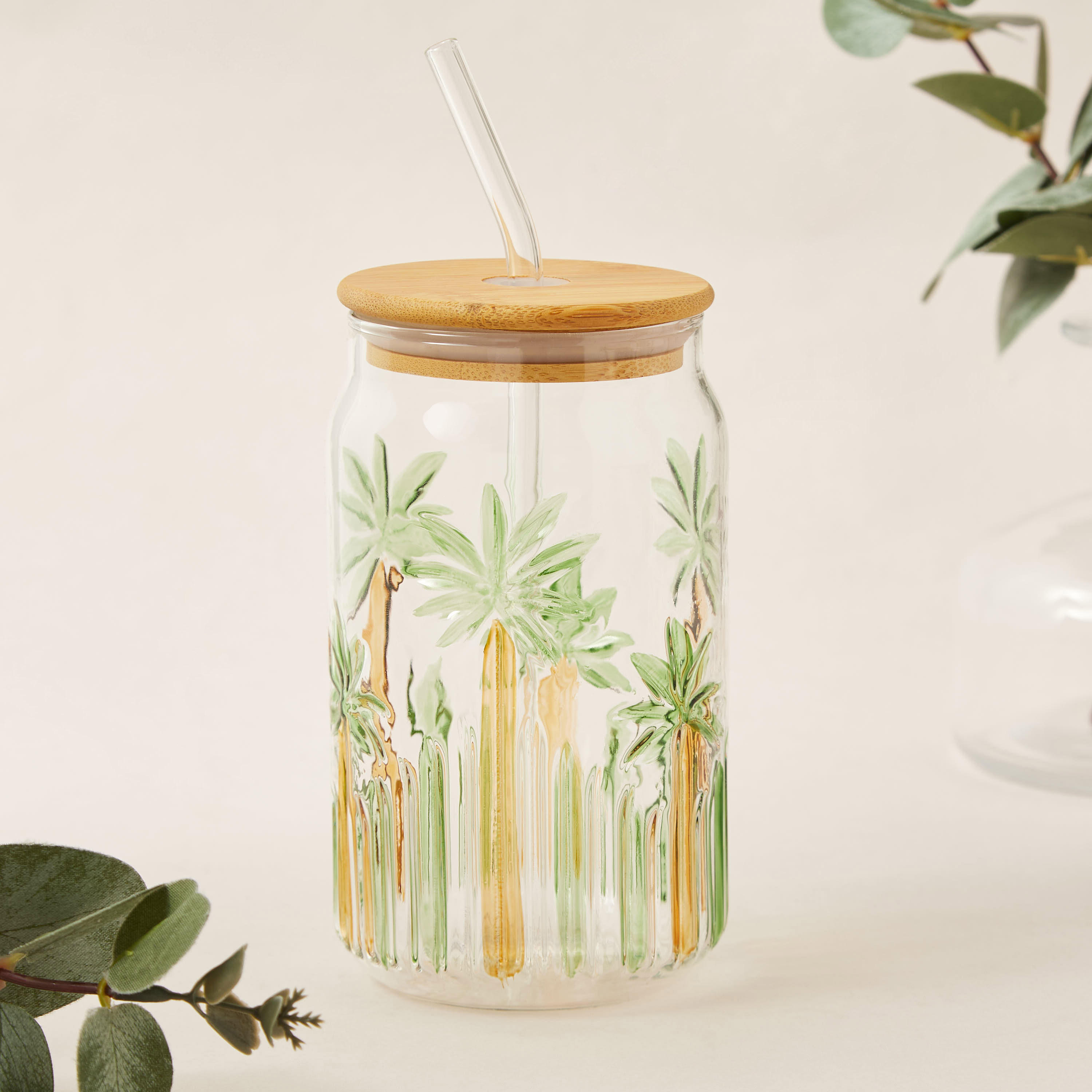 Palm Tree Print Glass Sipper with Lid - 530 ml-household-dining-teaandcoffee-travelmugsandsippers-image-1