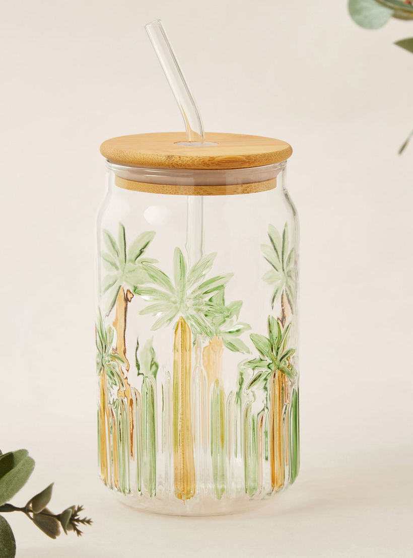 Palm Tree Print Glass Sipper with Lid - 530 ml-household-dining-teaandcoffee-travelmugsandsippers-image-1