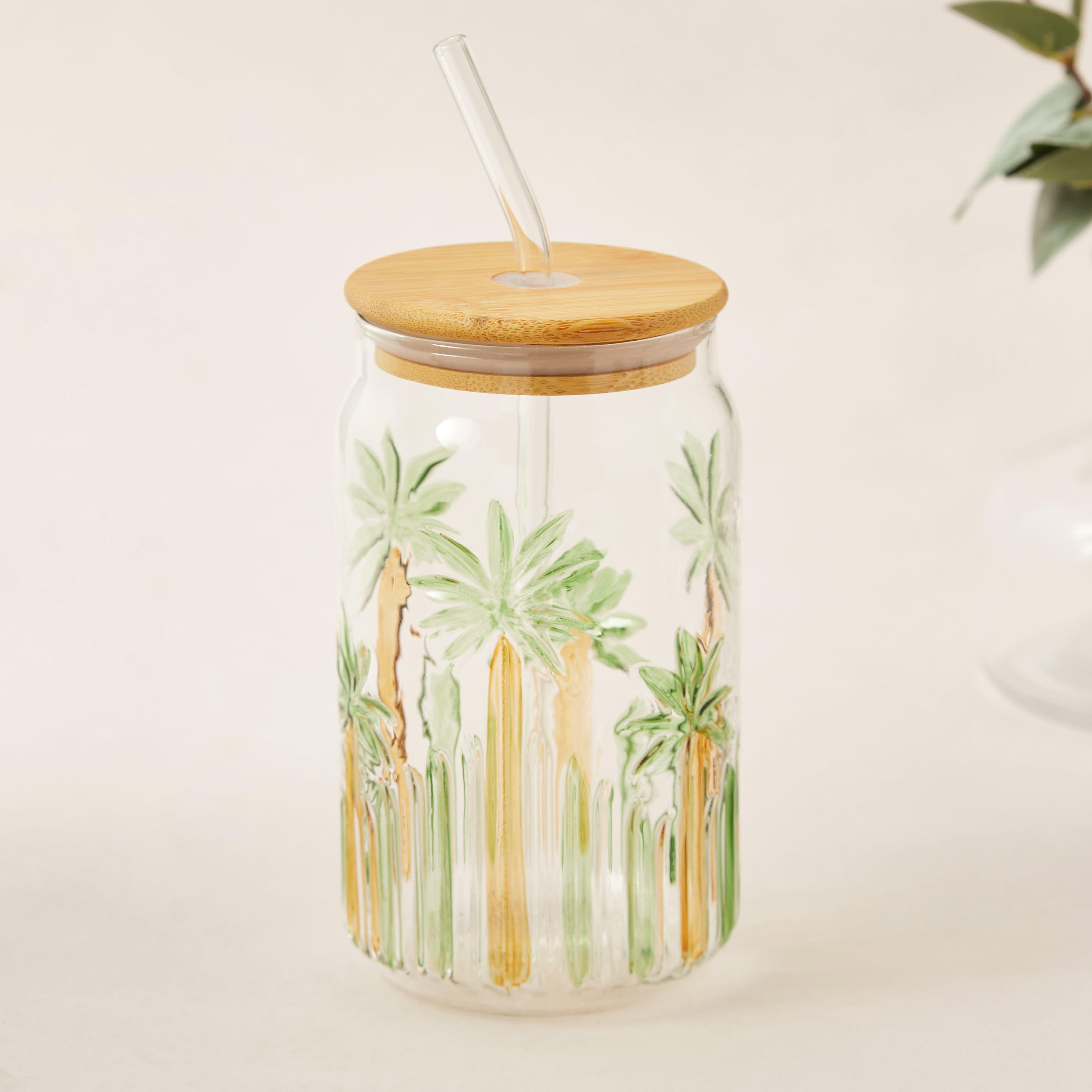 Palm Tree Print Glass Sipper with Lid - 530 ml-household-dining-teaandcoffee-travelmugsandsippers-image-2