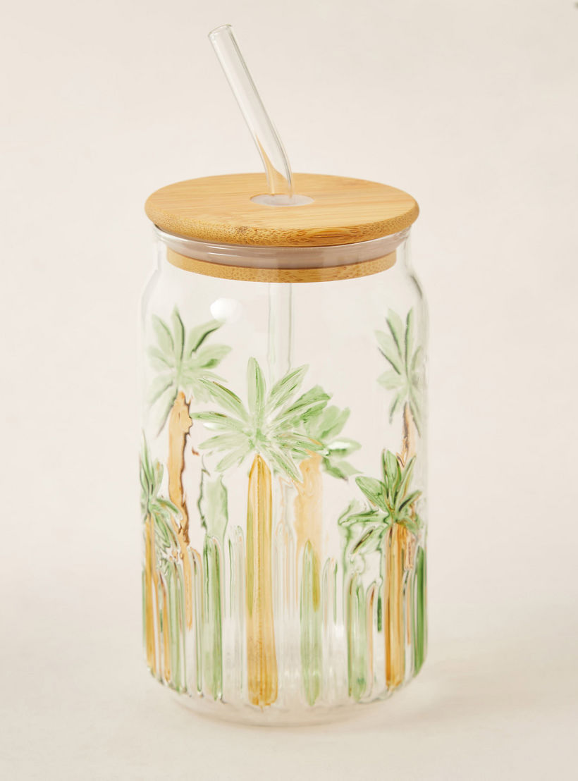 Palm Tree Print Glass Sipper with Lid - 530 ml-household-dining-teaandcoffee-travelmugsandsippers-image-2