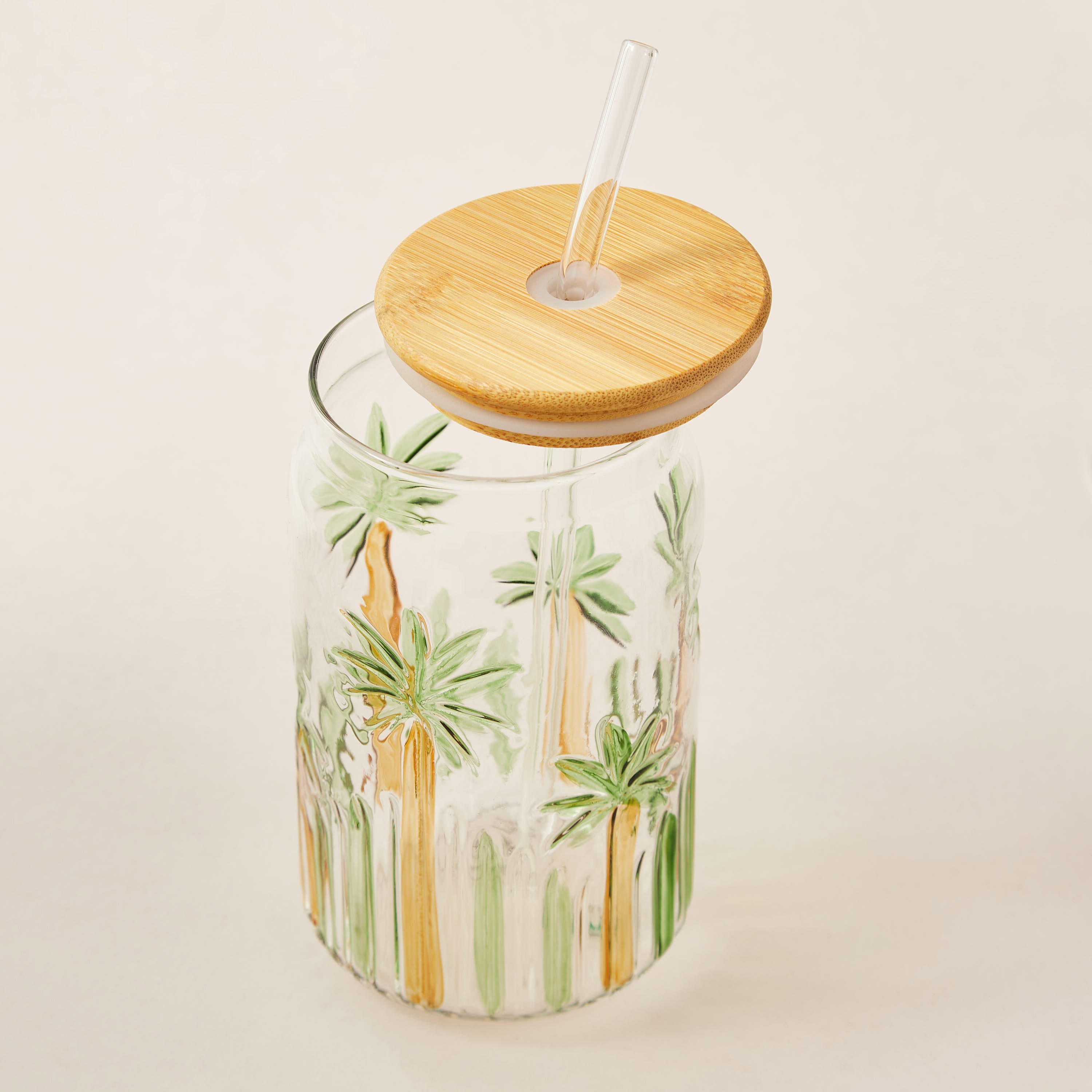 Palm Tree Print Glass Sipper with Lid - 530 ml-household-dining-teaandcoffee-travelmugsandsippers-image-3