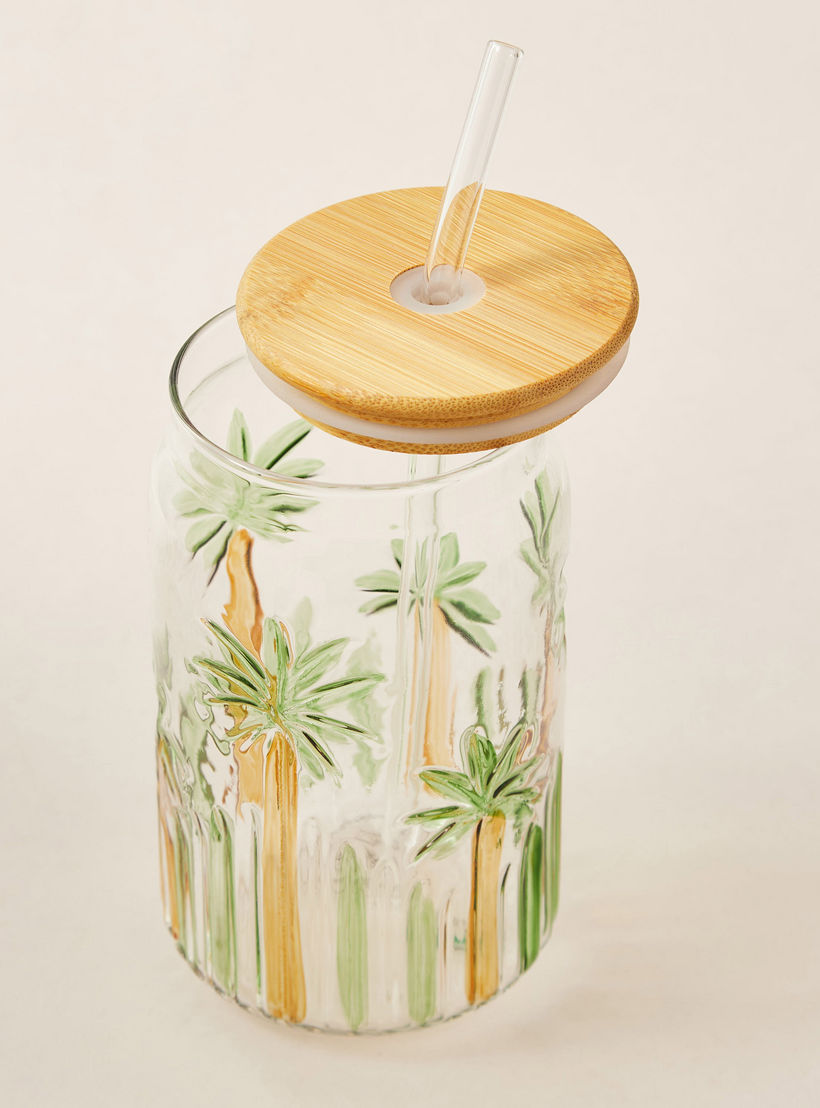 Palm Tree Print Glass Sipper with Lid - 530 ml-household-dining-teaandcoffee-travelmugsandsippers-image-3