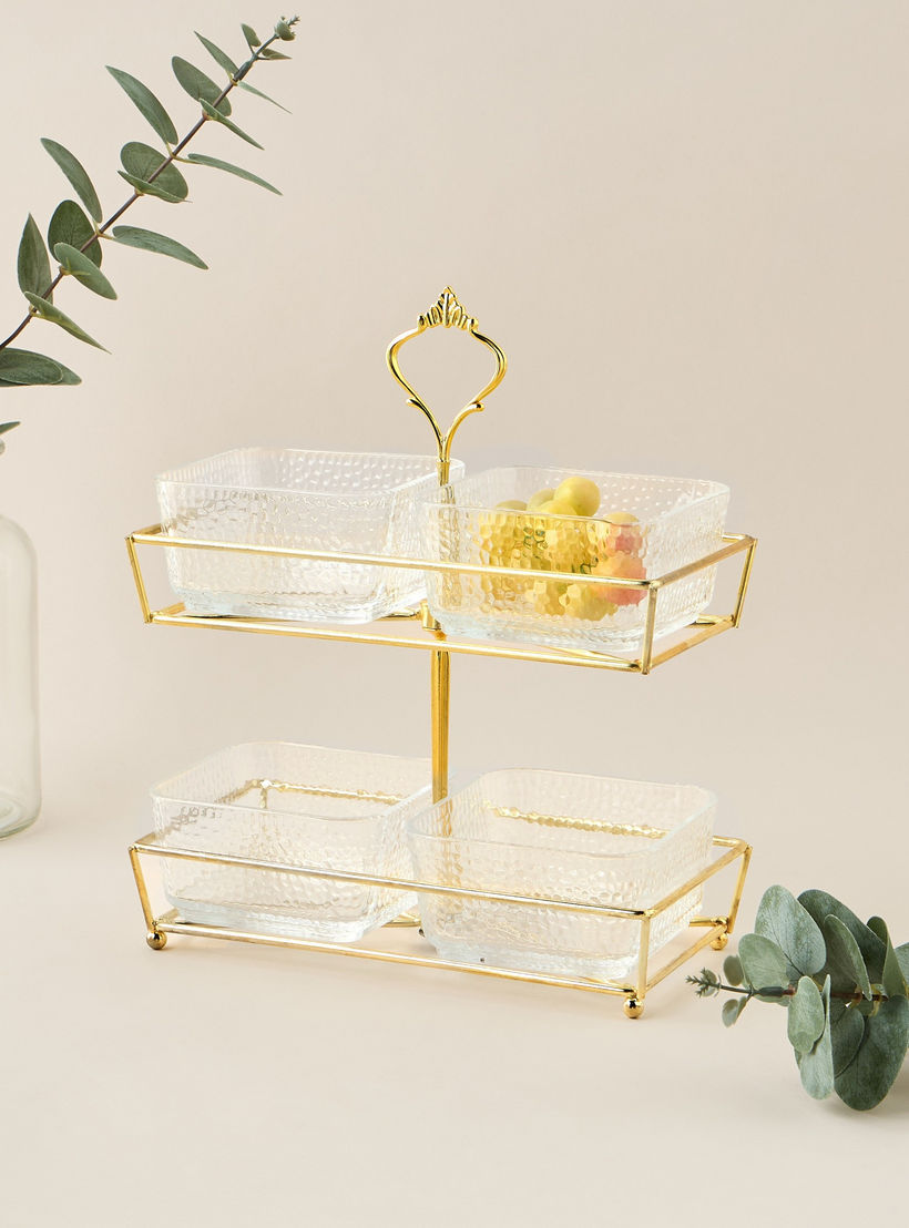 Textured 4-Piece Glass Square Bowl Set with 2-Tier Metal Stand-household-dining-serveware-chipsanddip-image-1