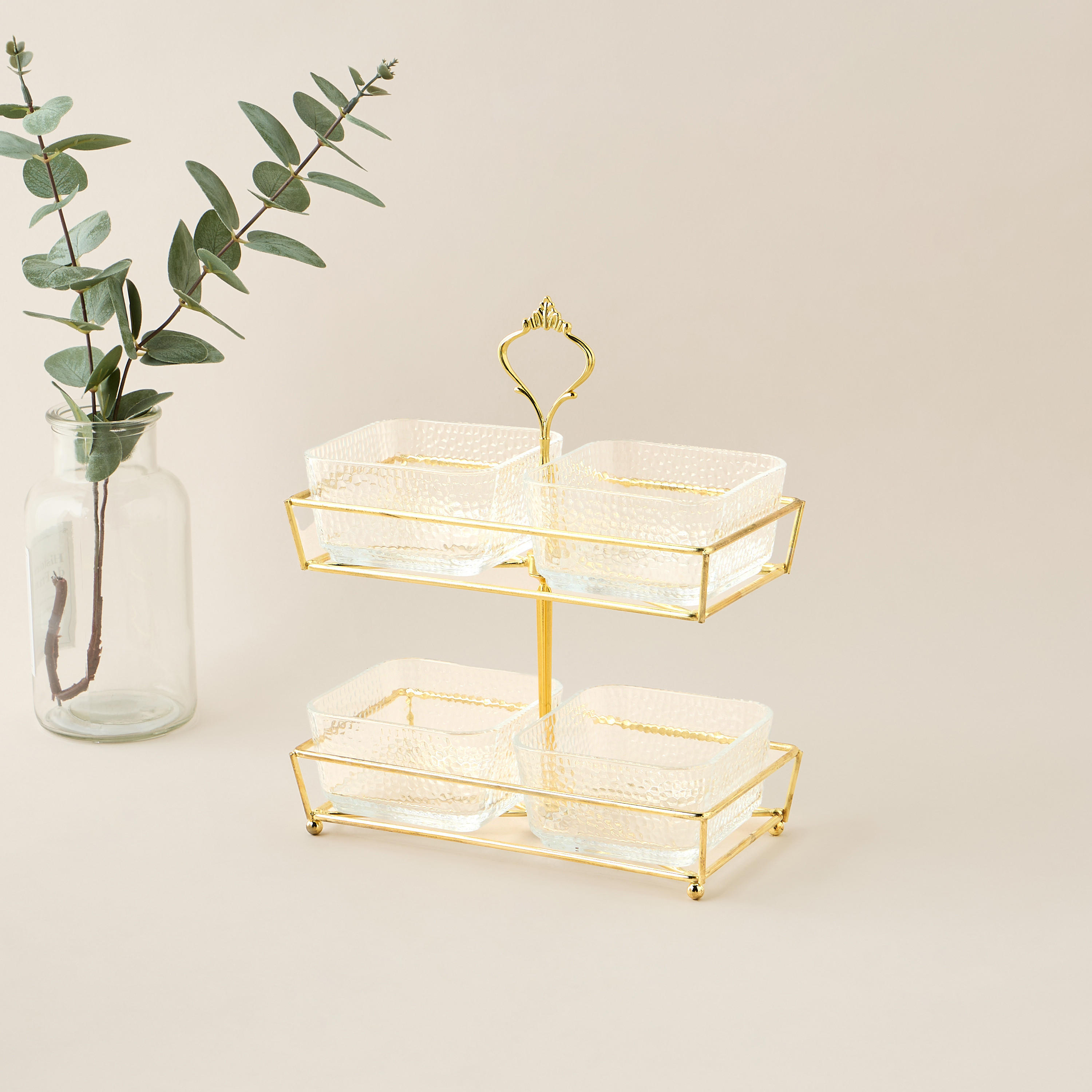 Textured 4-Piece Glass Square Bowl Set with 2-Tier Metal Stand-household-dining-serveware-chipsanddip-image-2