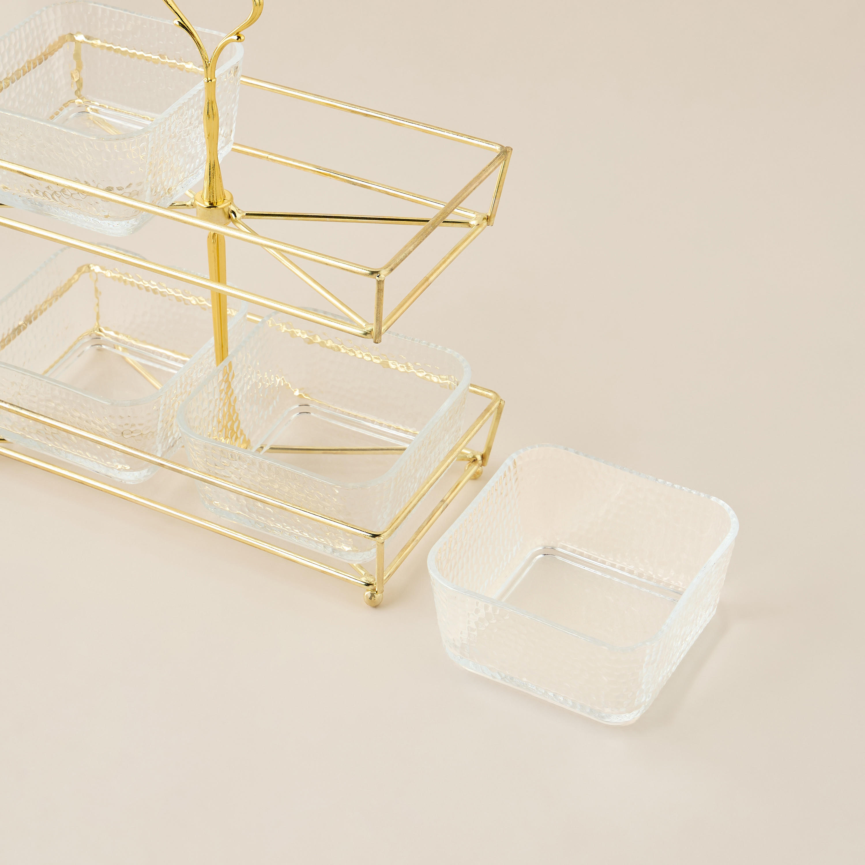 Textured 4-Piece Glass Square Bowl Set with 2-Tier Metal Stand-household-dining-serveware-chipsanddip-image-3
