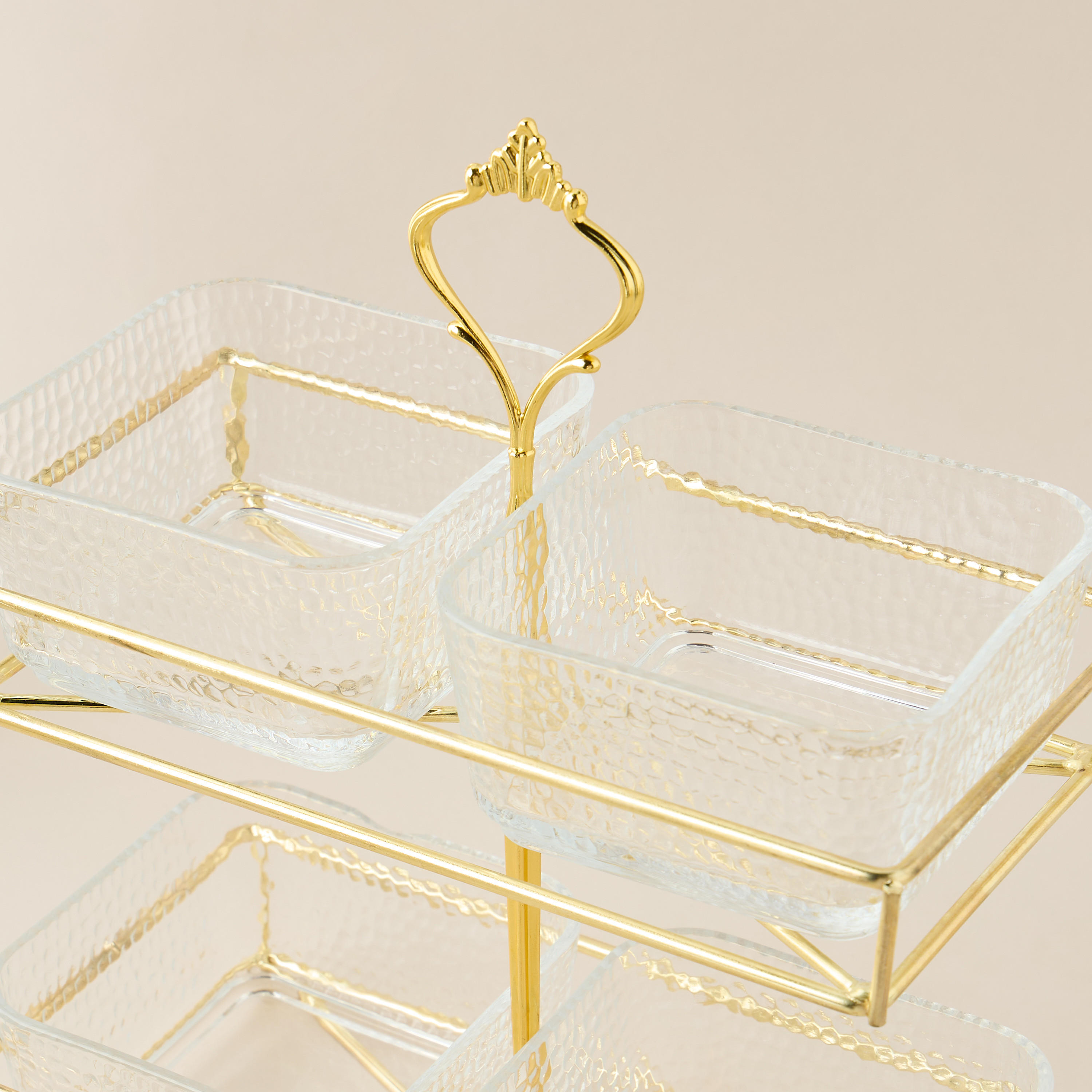 Textured 4-Piece Glass Square Bowl Set with 2-Tier Metal Stand-household-dining-serveware-chipsanddip-image-5