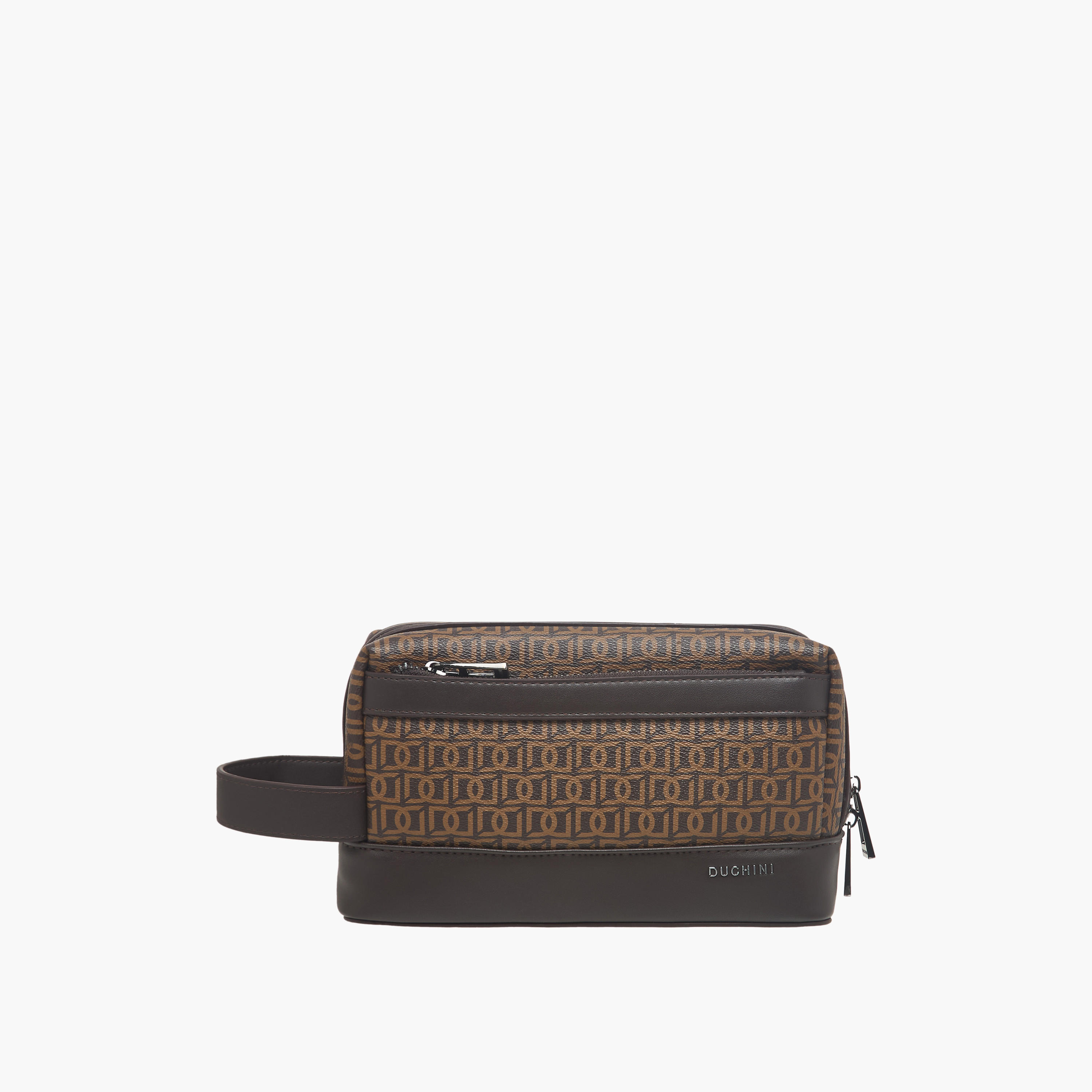 Duchini Monogram Print Pouch with Wrist Handle and Zip Closure-men-bags-image-1