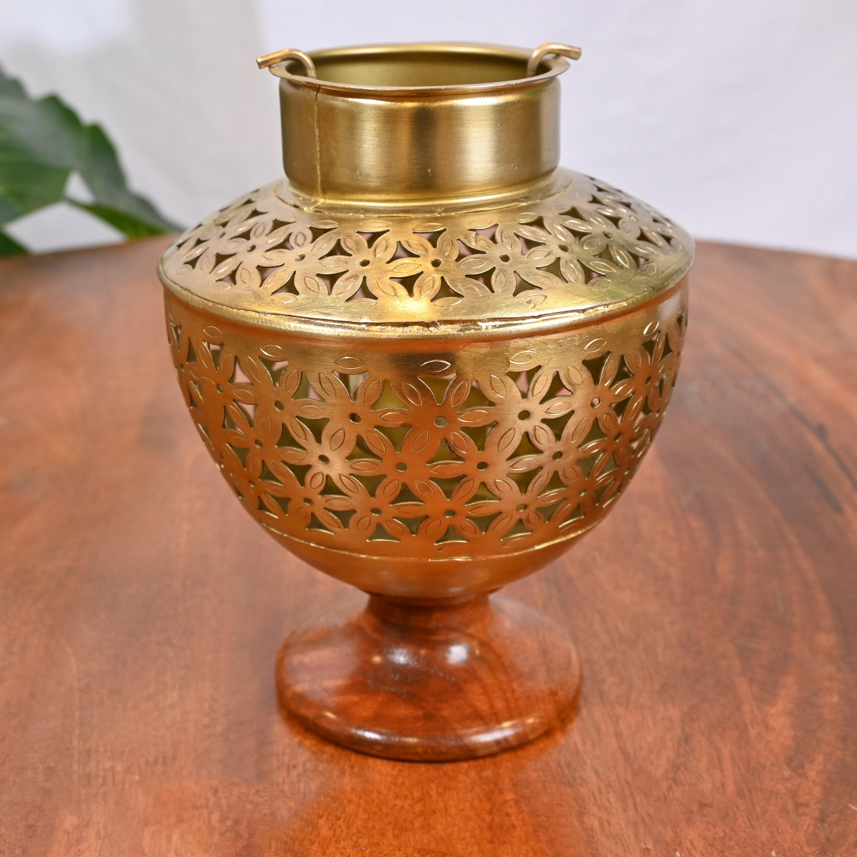 Crafted by Lifestyle Cutwork Detail Candleholder with Wooden Base - 21 cms-household-decor-candleholdersandlanterns-image-1