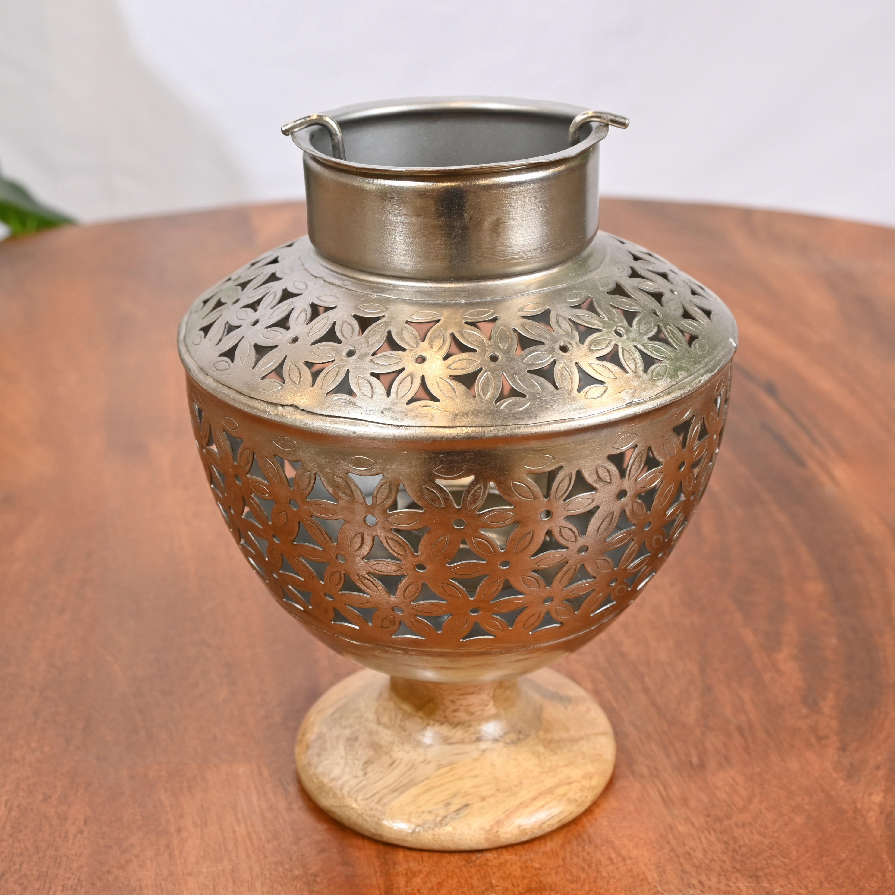 Crafted by Lifestyle Cutwork Detail Candleholder with Wooden Base - 21 cms-household-decor-candleholdersandlanterns-image-1