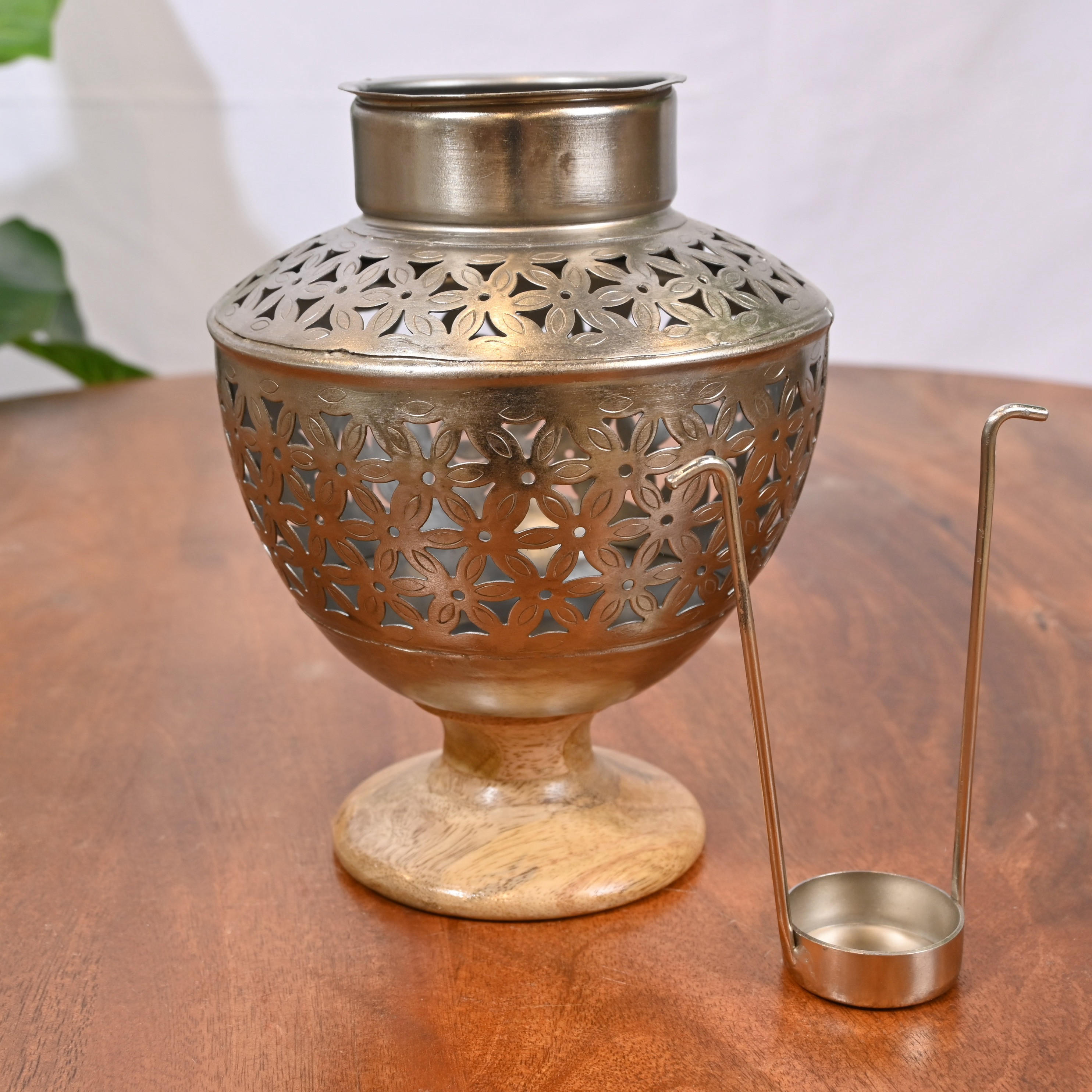 Crafted by Lifestyle Cutwork Detail Candleholder with Wooden Base - 21 cms-household-decor-candleholdersandlanterns-image-2