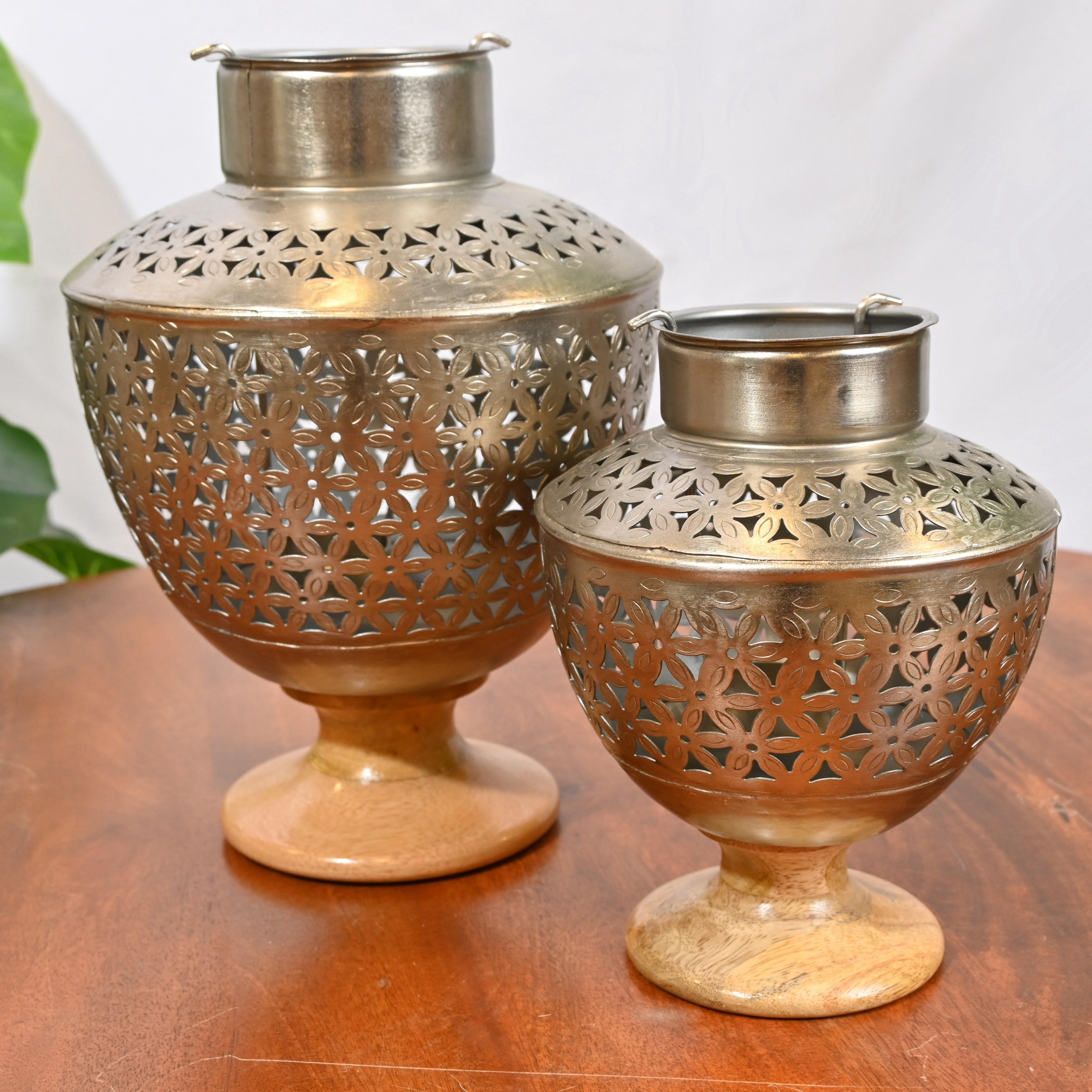 Crafted by Lifestyle Cutwork Detail Candleholder with Wooden Base - 21 cms-household-decor-candleholdersandlanterns-image-4