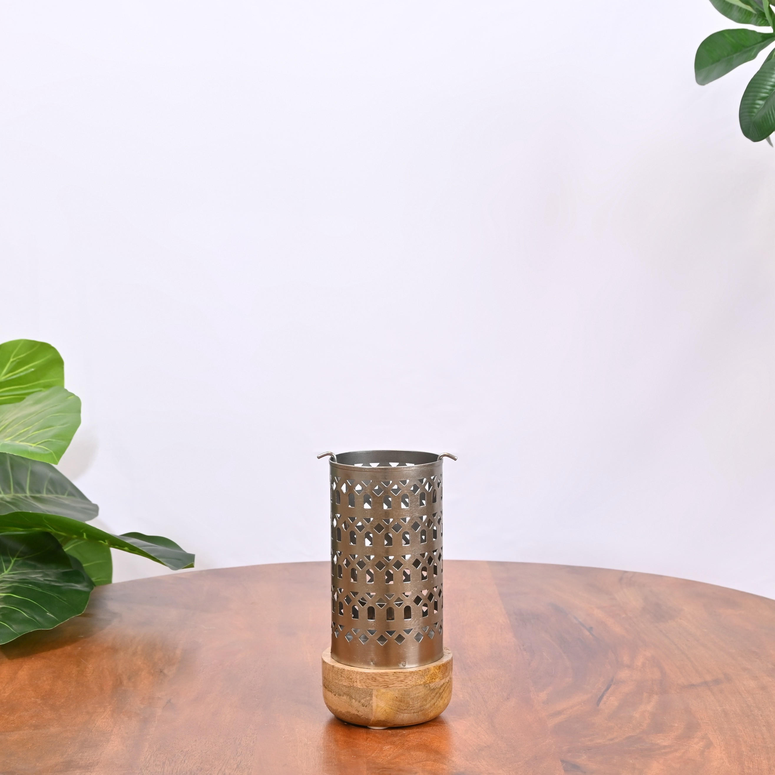 Crafted by Lifestyle Cutwork Detail Metal Candleholder with Wooden Base - 22 cms-household-decor-candleholdersandlanterns-image-1