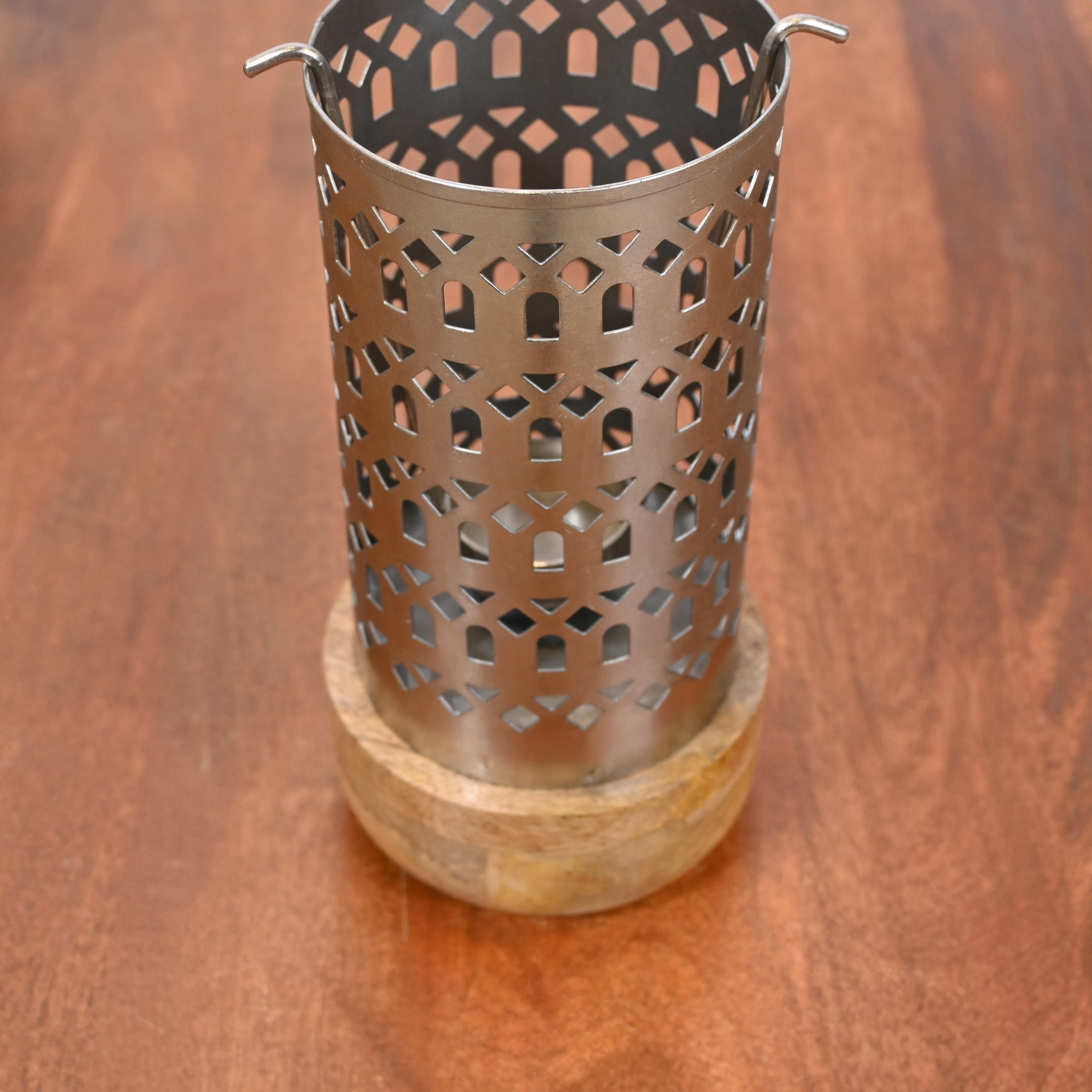 Crafted by Lifestyle Cutwork Detail Metal Candleholder with Wooden Base - 22 cms-household-decor-candleholdersandlanterns-image-6