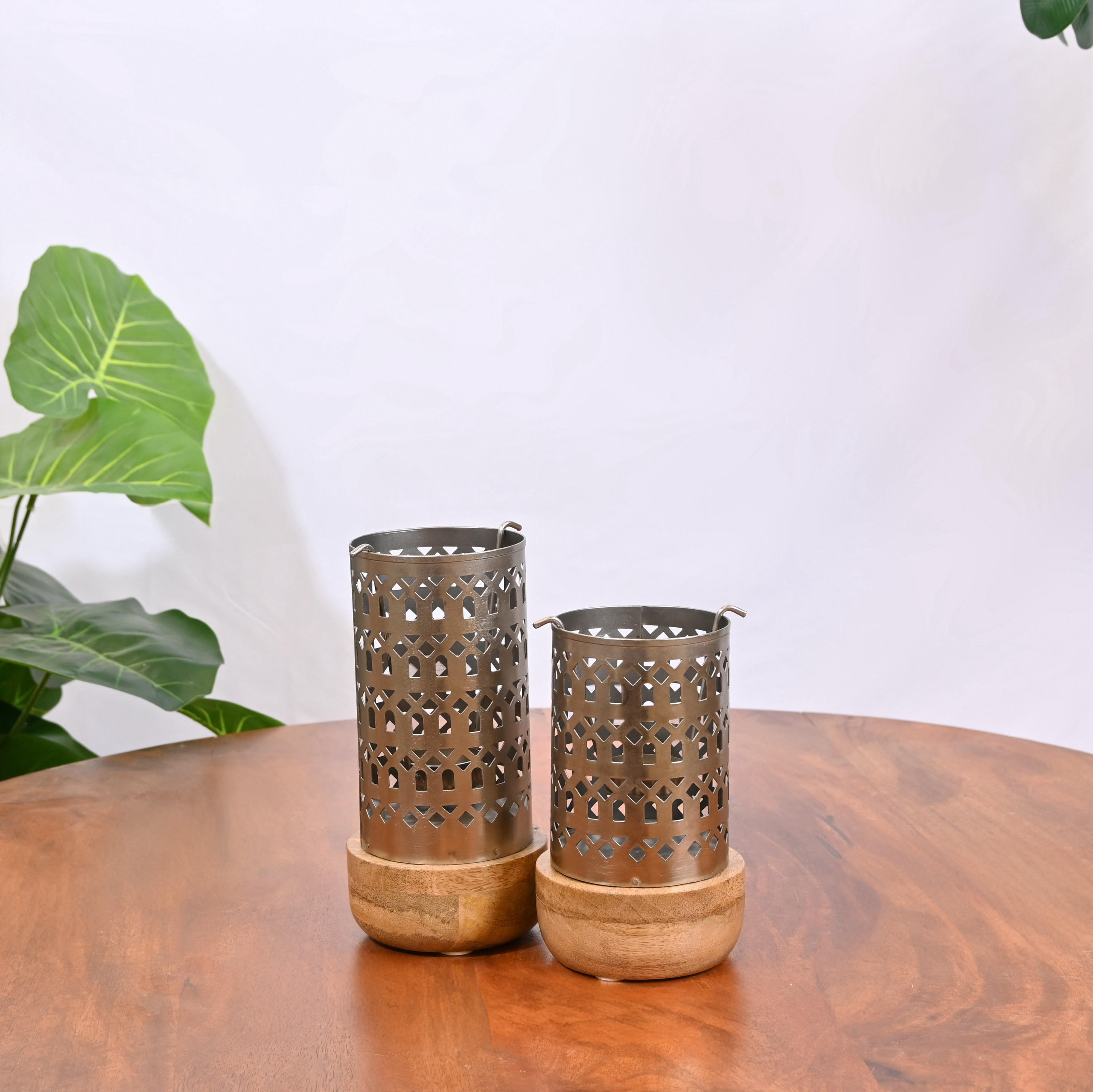 Crafted by Lifestyle Cutwork Detail Metal Candleholder with Wooden Base - 22 cms-household-decor-candleholdersandlanterns-image-7