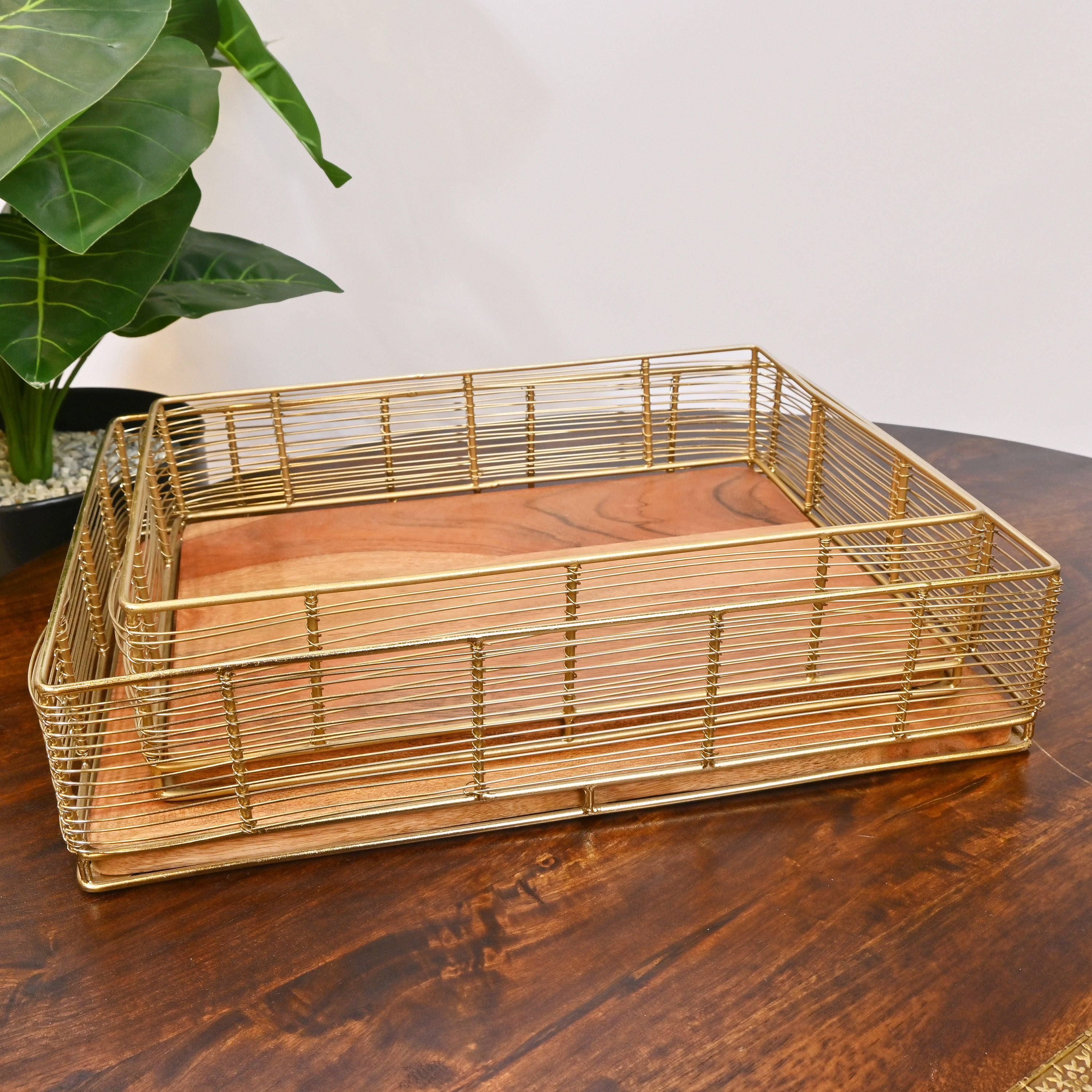 Crafted by Lifestyle Decorative Tray with Wooden Base - Set of 2-household-decor-boxesandtrays-image-1