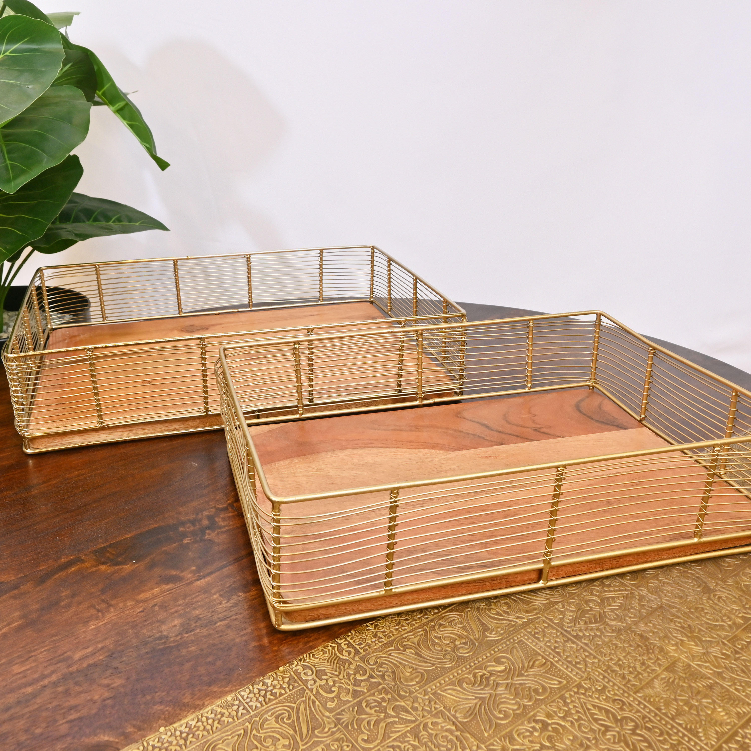 Crafted by Lifestyle Decorative Tray with Wooden Base - Set of 2-household-decor-boxesandtrays-image-2