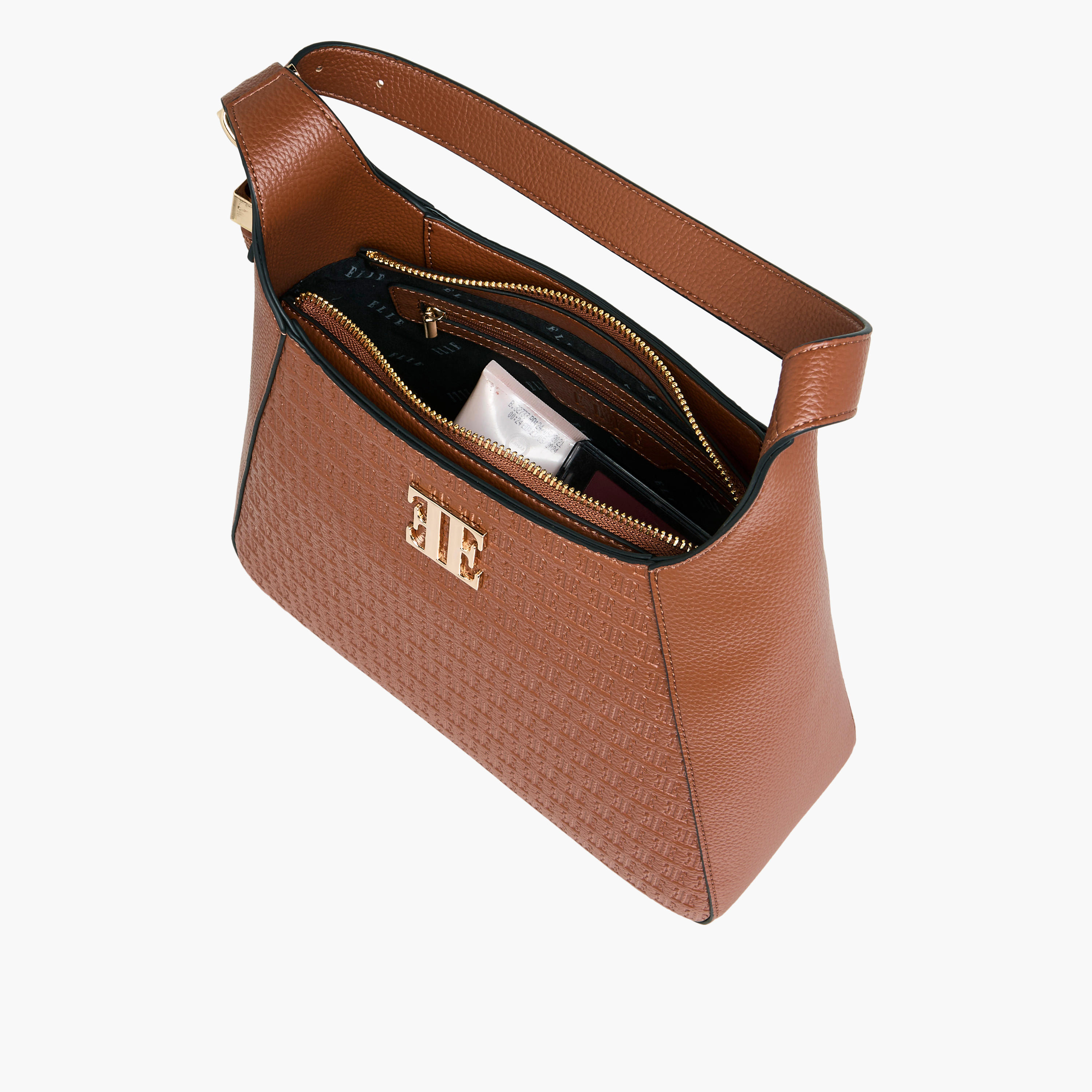 Elle Monogram Embossed Shoulder Bag with Adjustable Strap and Zip Closure-women-bagsandwallets-handbags-image-7