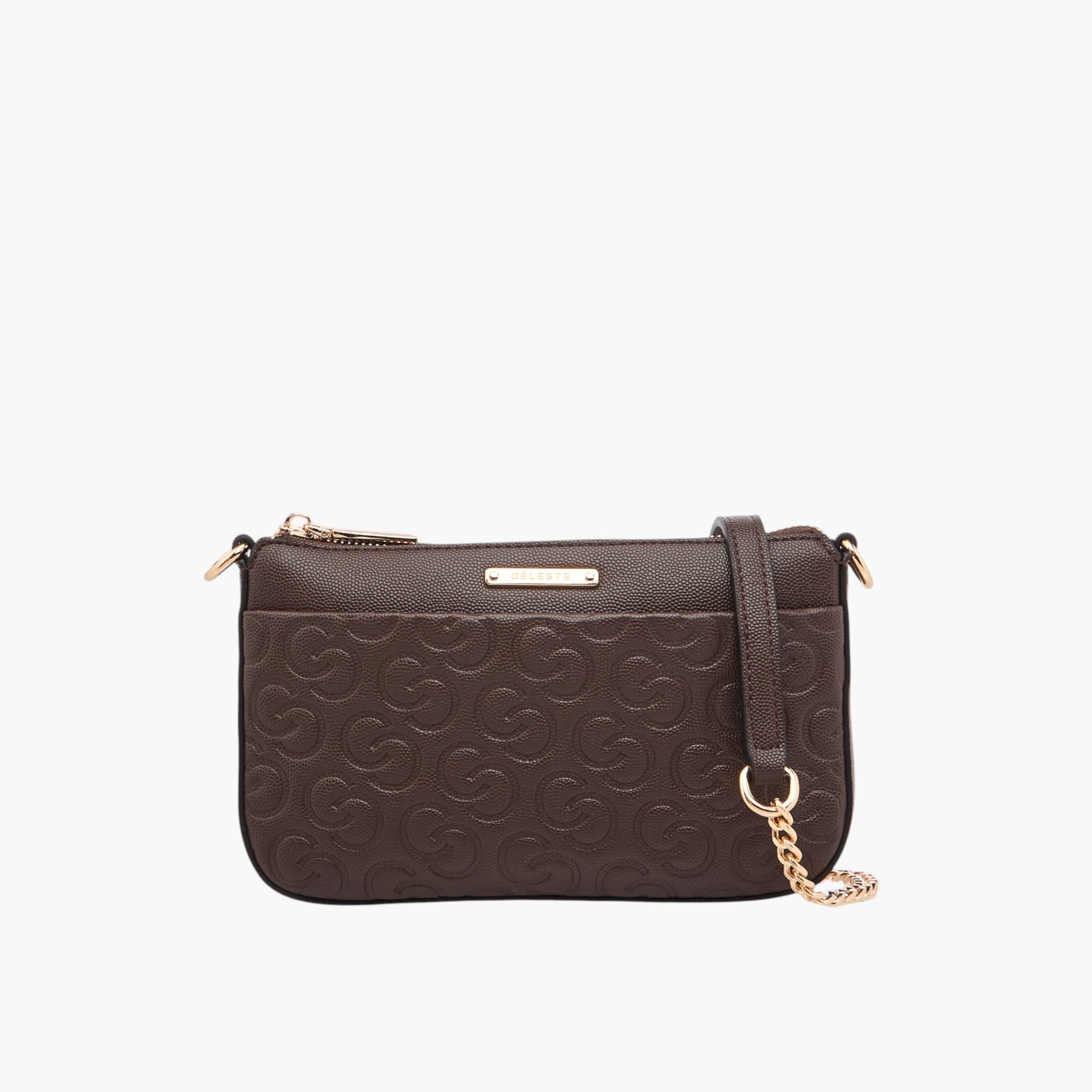 شنطة كروس بودي بنقوش مونوجرام وحزام سلسلة قابل للفصل وسحاب إغلاق من سيليست-women-bagsandwallets-handbags-image-1