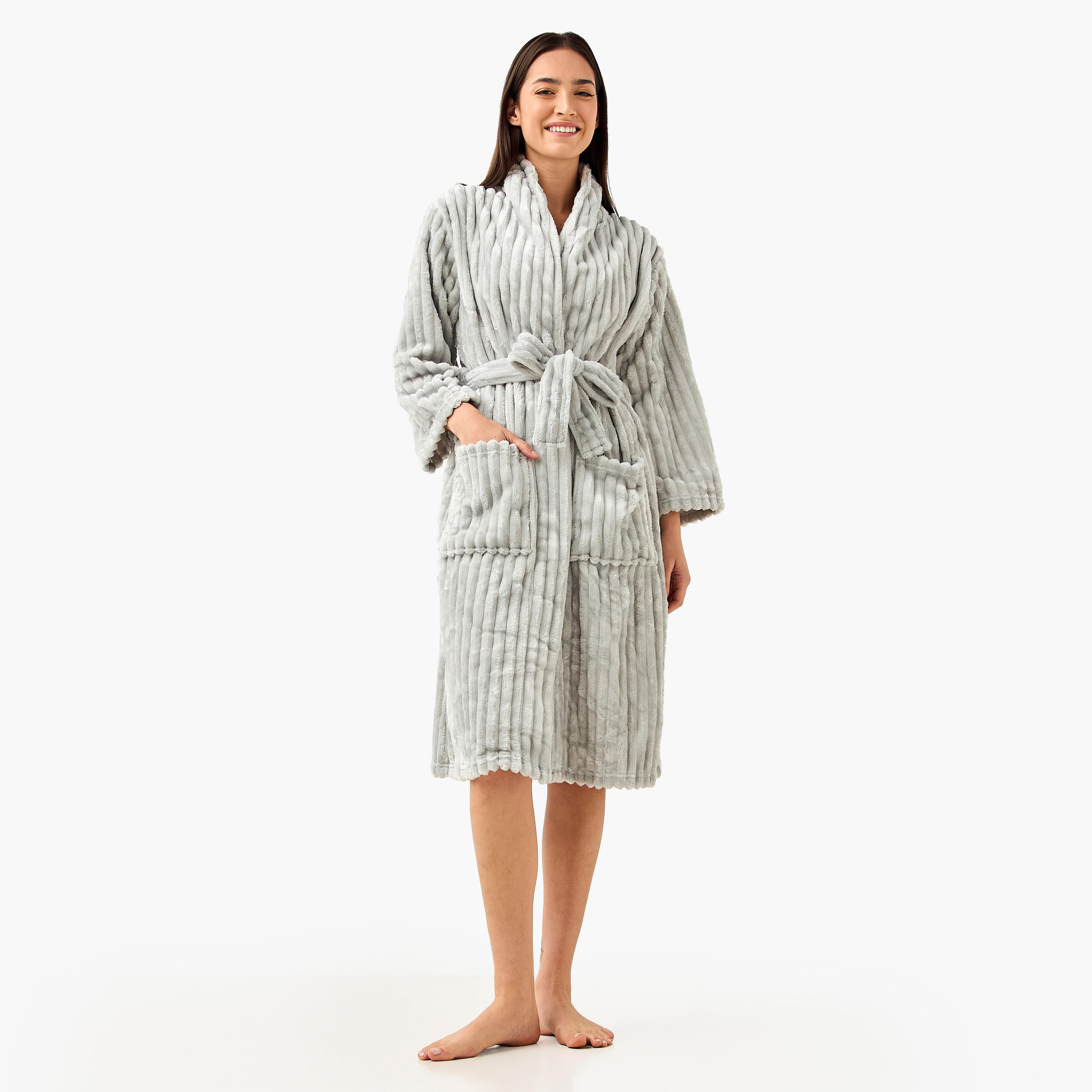 Ribbed Bathrobe with Pockets and Long Sleeves-household-bathandlaundry-bathlinen-bathrobesandslippers-bathrobes-image-2