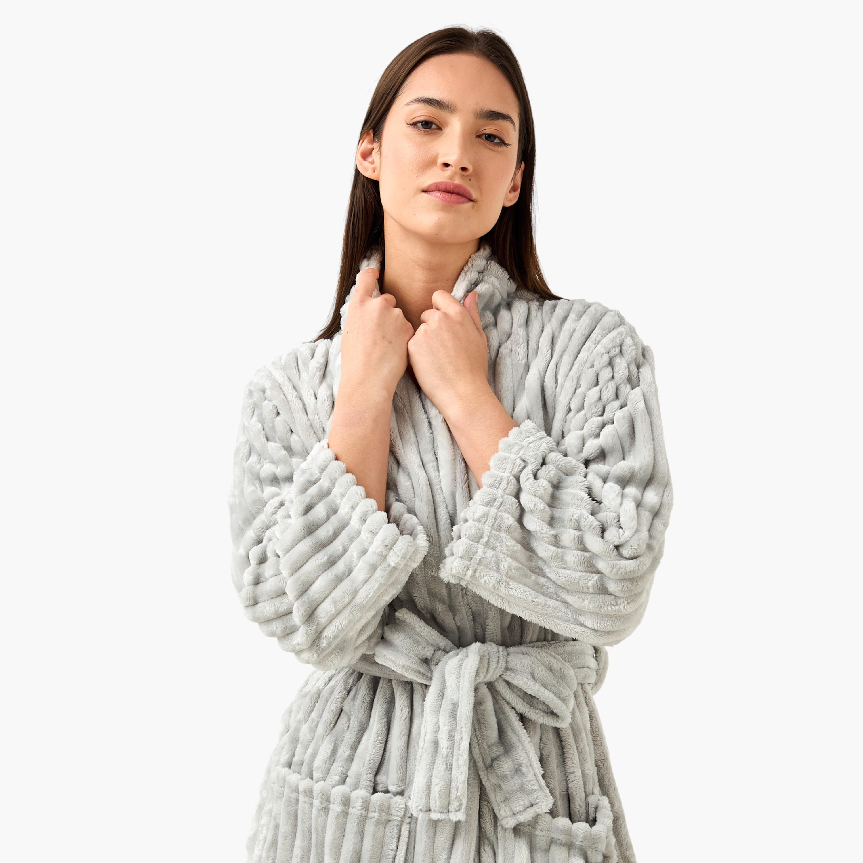 Ribbed Bathrobe with Pockets and Long Sleeves-household-bathandlaundry-bathlinen-bathrobesandslippers-bathrobes-image-5