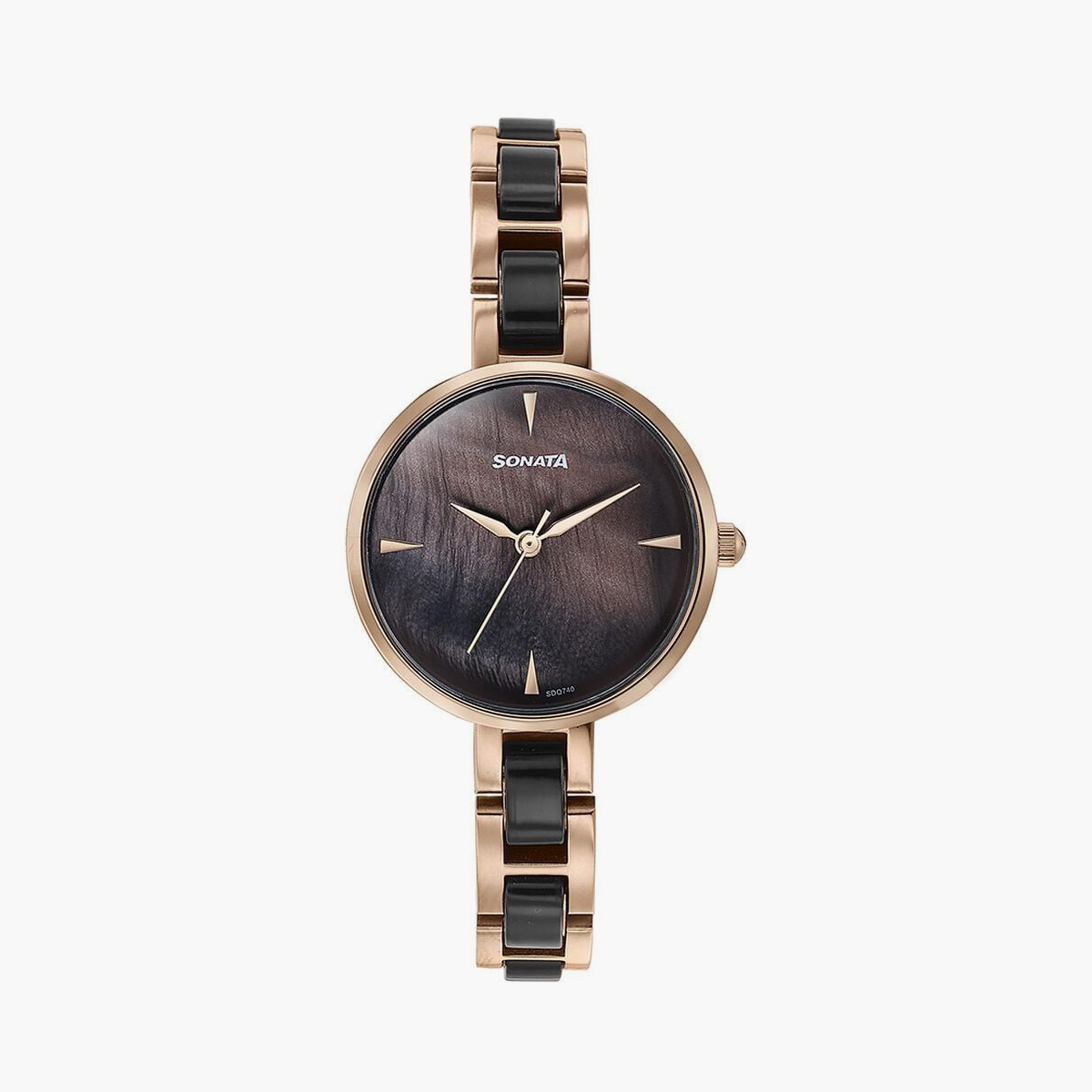 ساعة يد نسائية سوناتا بقطر 30 مم أنالوج سوداء وذهبية وردية ستانلس ستيل | 87064KD01-women-watchesandjewellery-watches-image-1