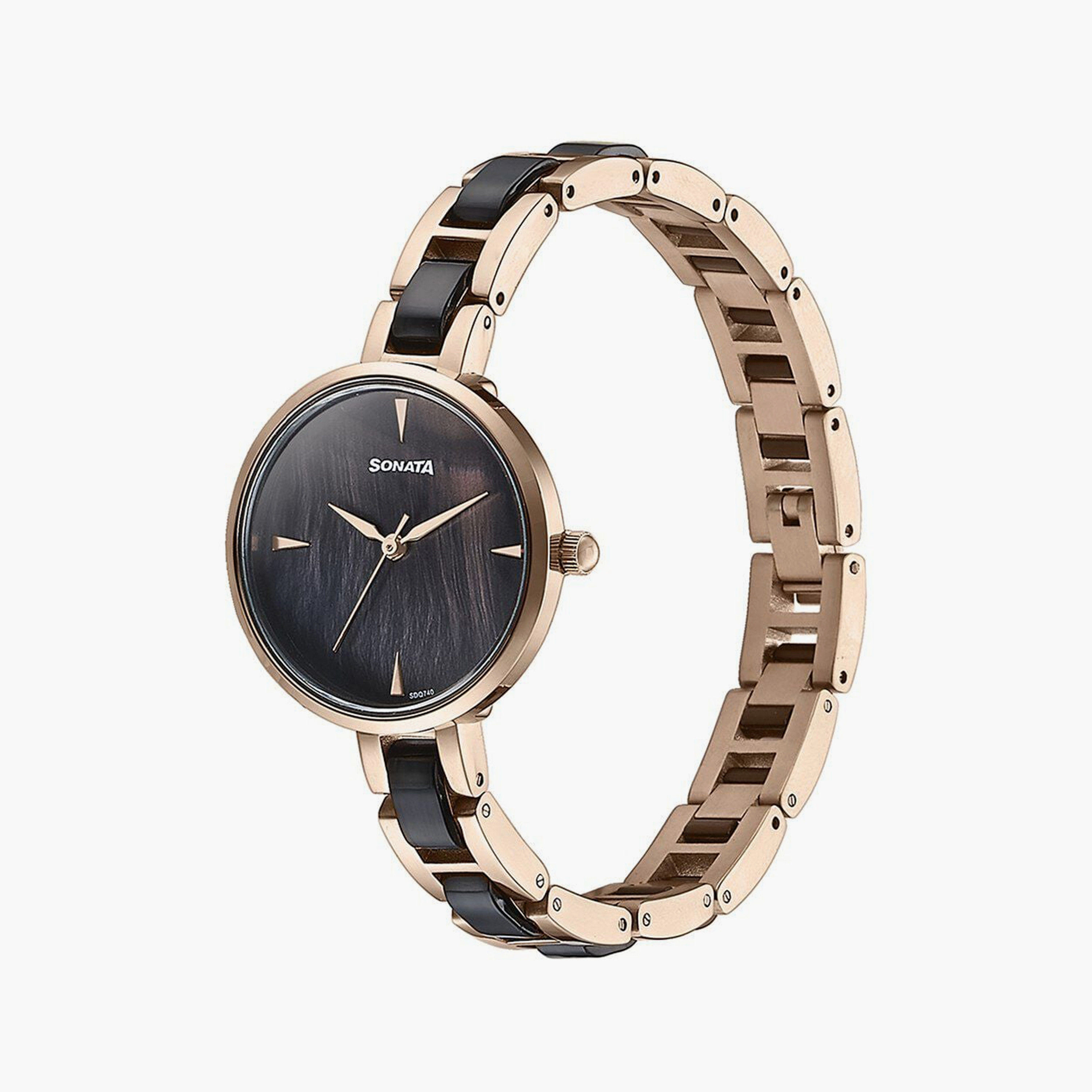 ساعة يد نسائية سوناتا بقطر 30 مم أنالوج سوداء وذهبية وردية ستانلس ستيل | 87064KD01-women-watchesandjewellery-watches-image-2