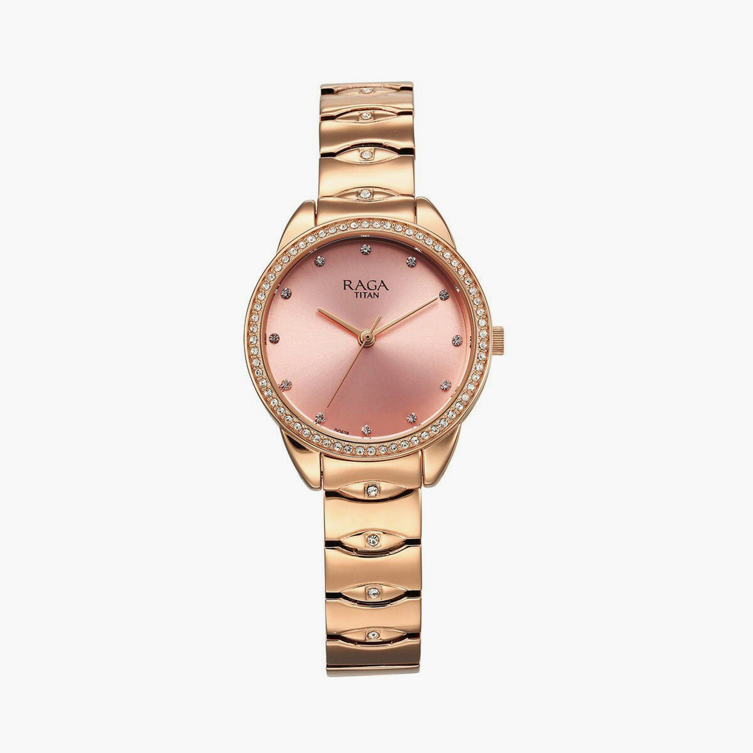 ساعة يد نسائية تيتان بقطر 27 مم أنالوج ذهبية وردية ستانلس ستيل | 95281WM01-women-watchesandjewellery-watches-image-1