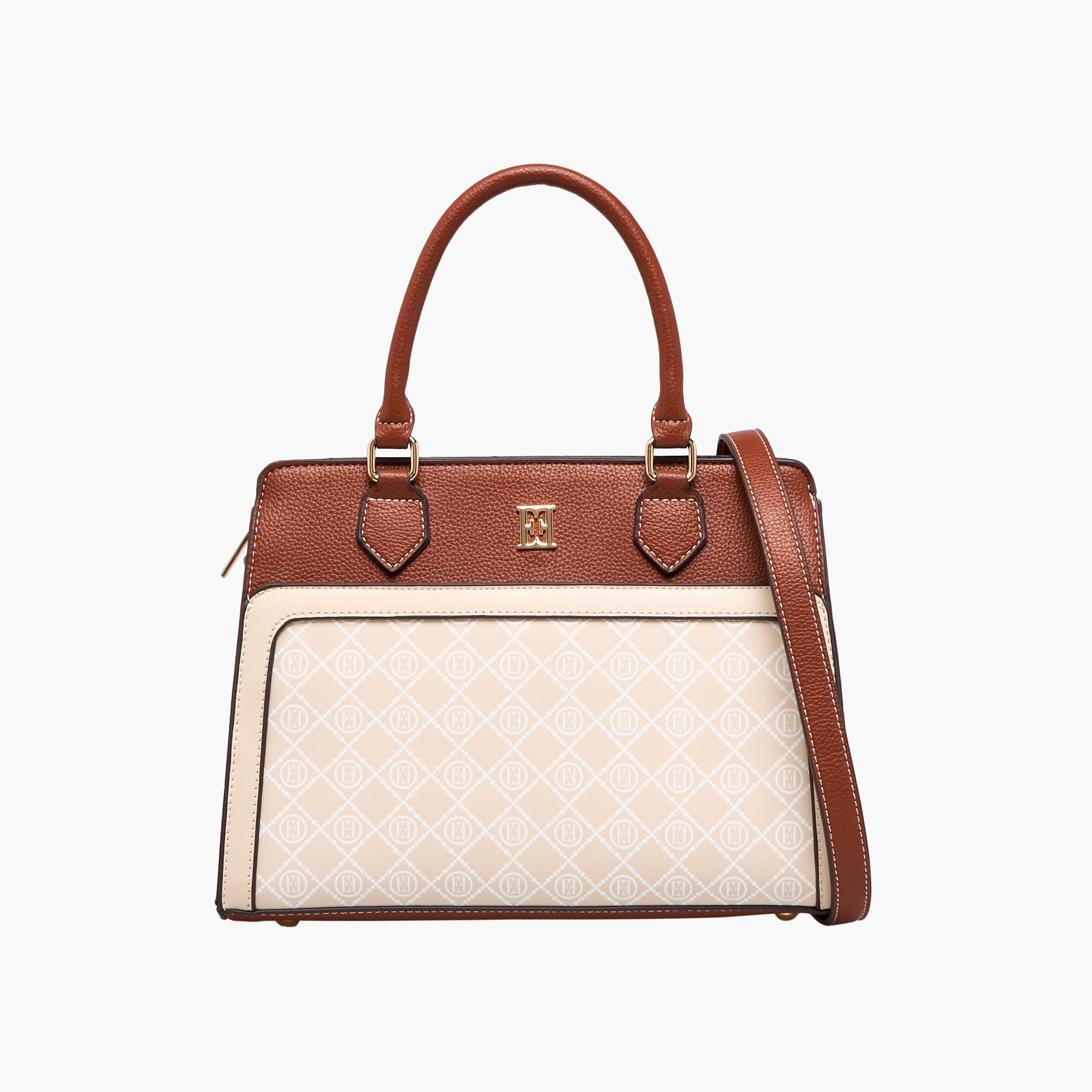 Elle Monogram Print Tote Bag with Double Handle and Zip Closure-women-bagsandwallets-handbags-image-1