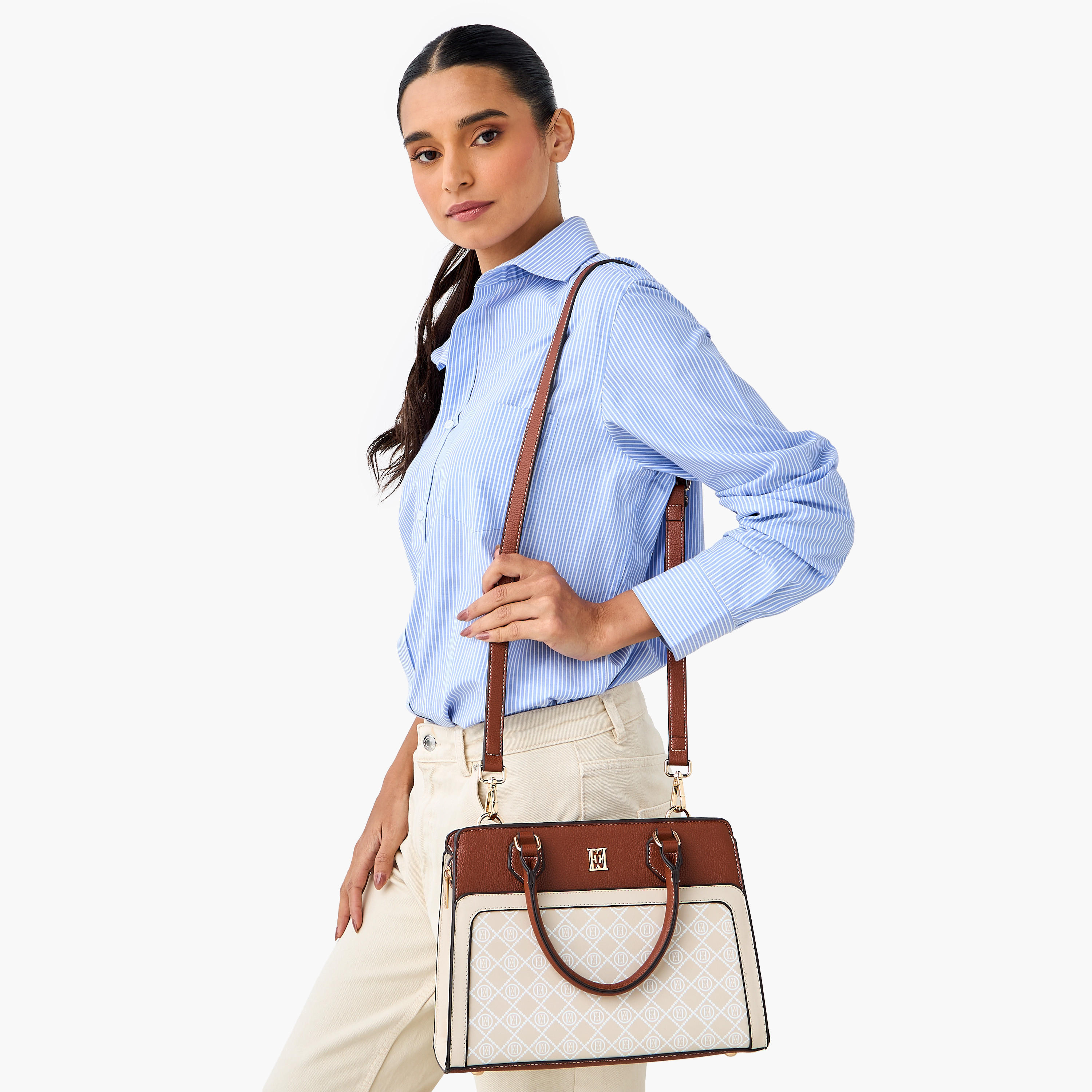 Elle Monogram Print Tote Bag with Double Handle and Zip Closure-women-bagsandwallets-handbags-image-2