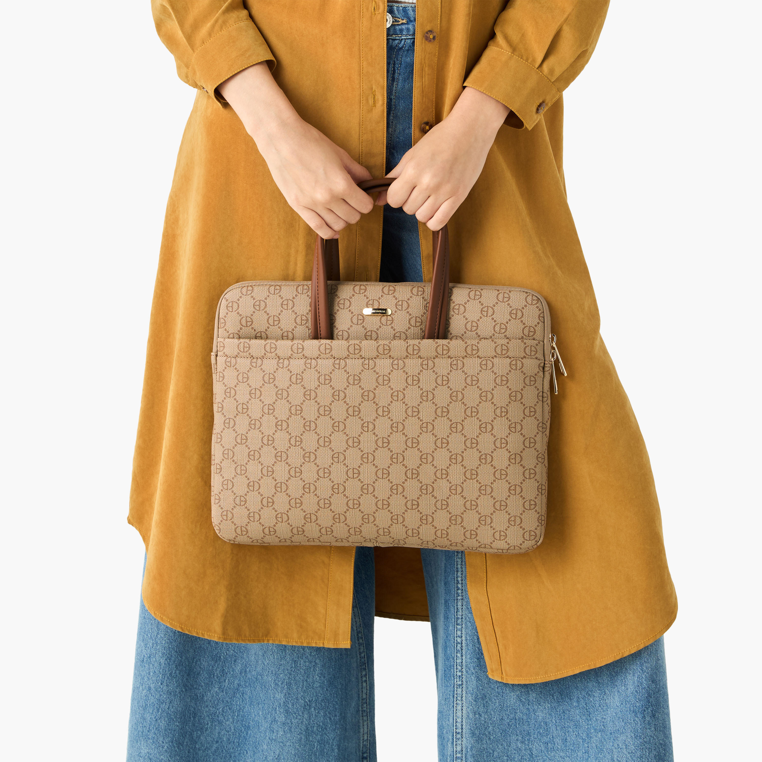 Shop Chrisbella Monogram Print Laptop Bag with Top Handles Online ...