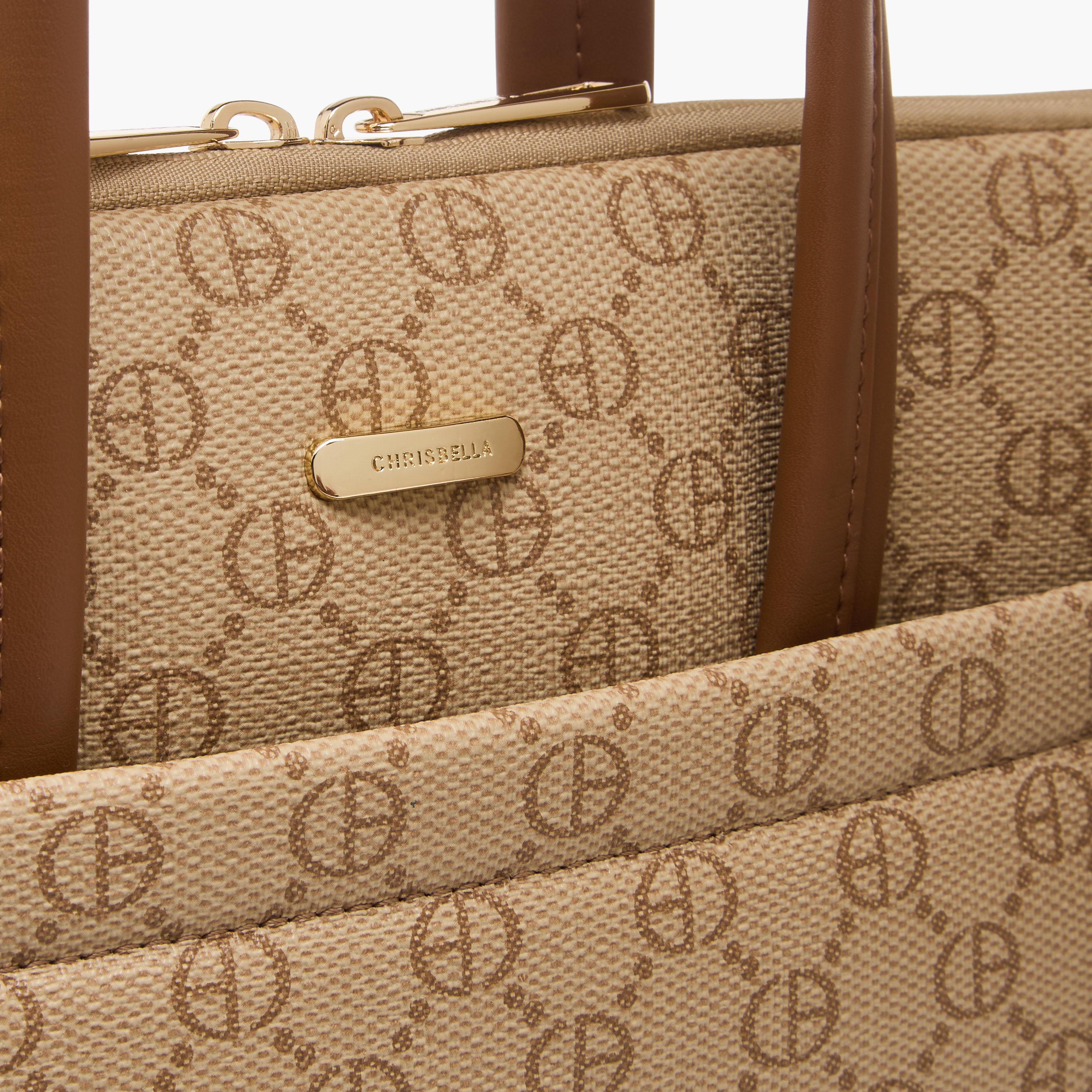 Shop Chrisbella Monogram Print Laptop Bag with Top Handles Online ...