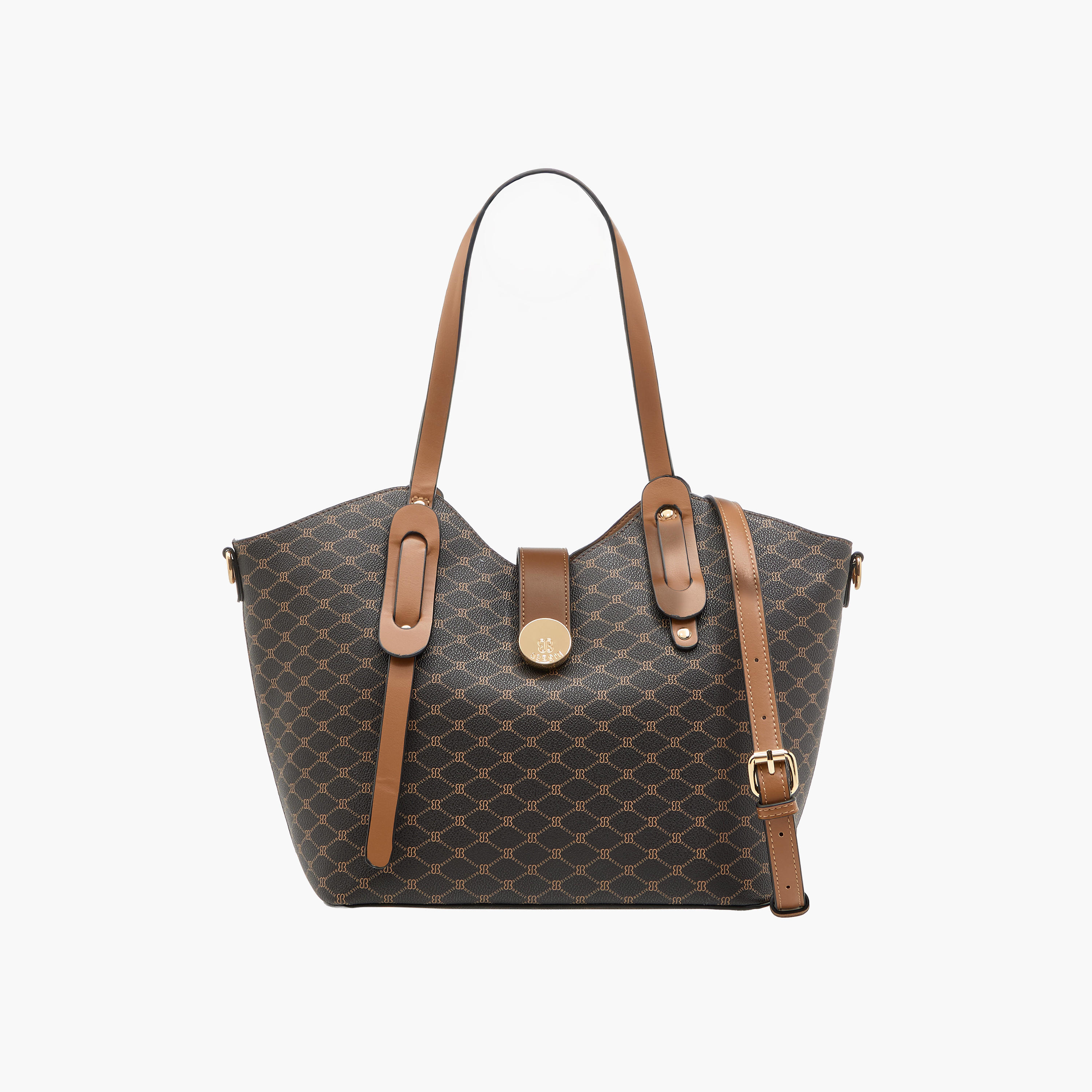 Bessie London Monogram Print Shopper Bag with Detachable Strap-women-bagsandwallets-handbags-image-1