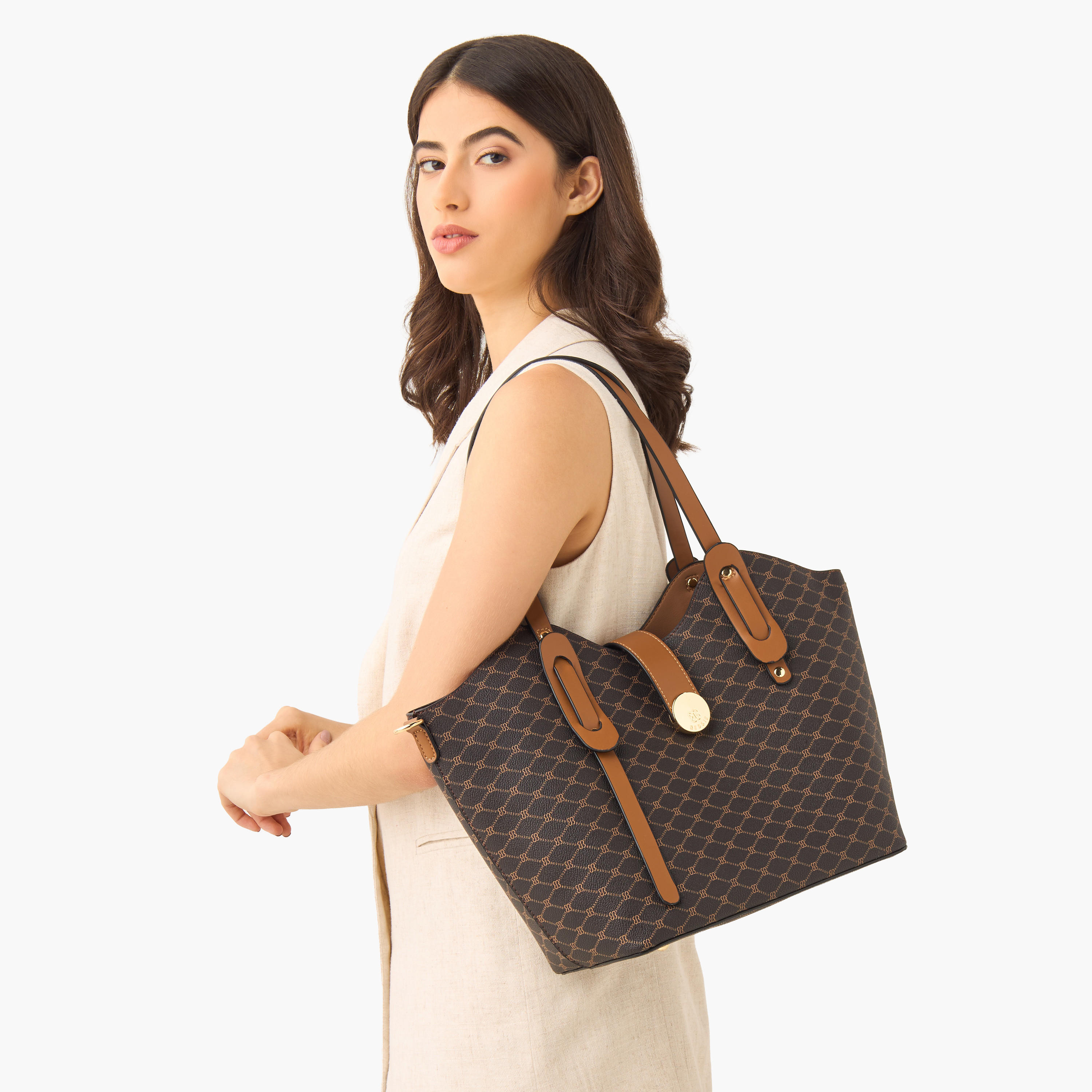Bessie London Monogram Print Shopper Bag with Detachable Strap-women-bagsandwallets-handbags-image-2