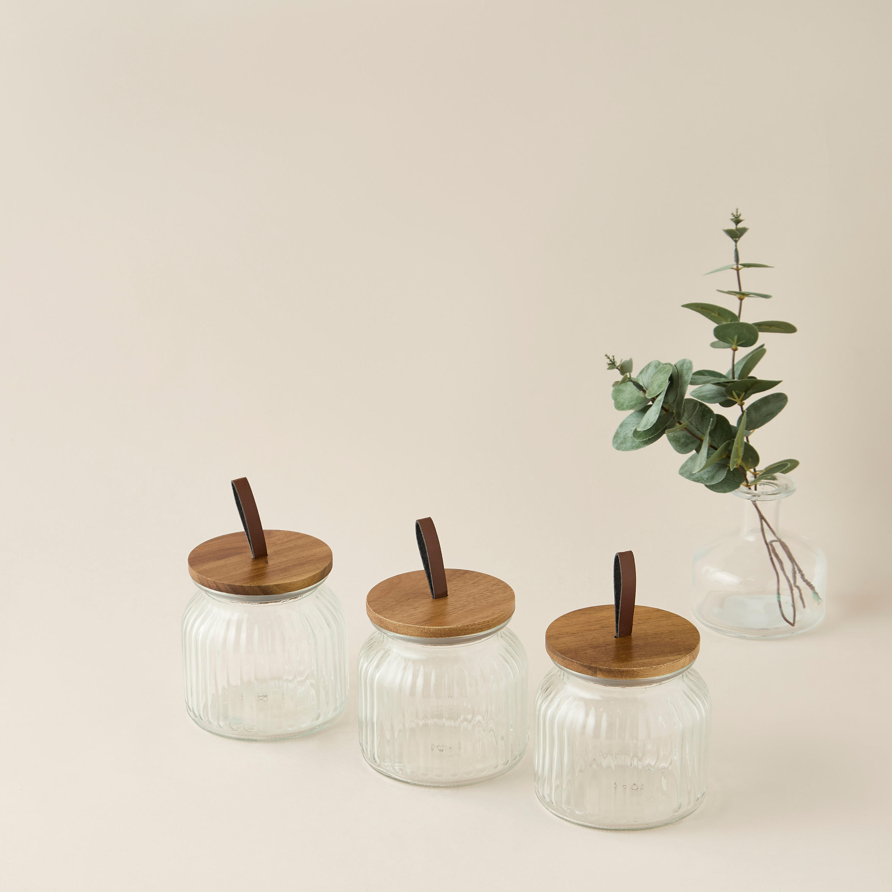 Ribbed 3-Piece Glass Canister Set with Wooden Lid - 720 ml-household-kitchen-foodstorage-containers-image-1