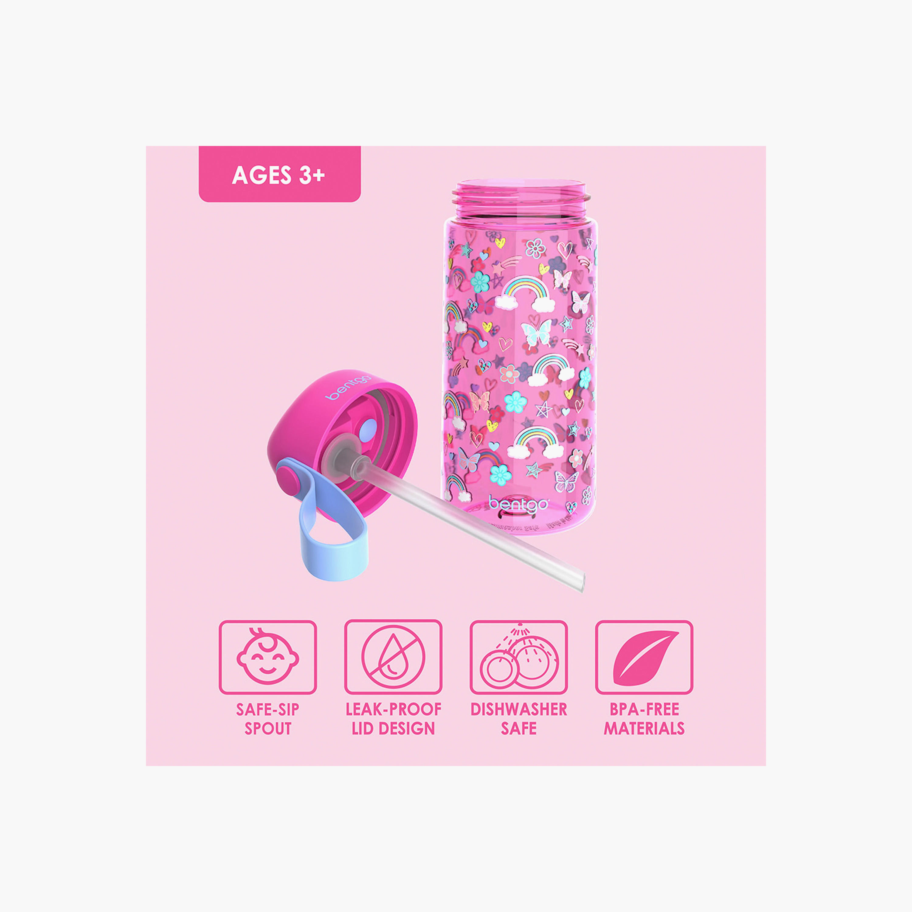 Bentgo Rainbow Butterfly Print Water Bottle - 450 ml-school-lunchessentials-lunchboxes-image-3