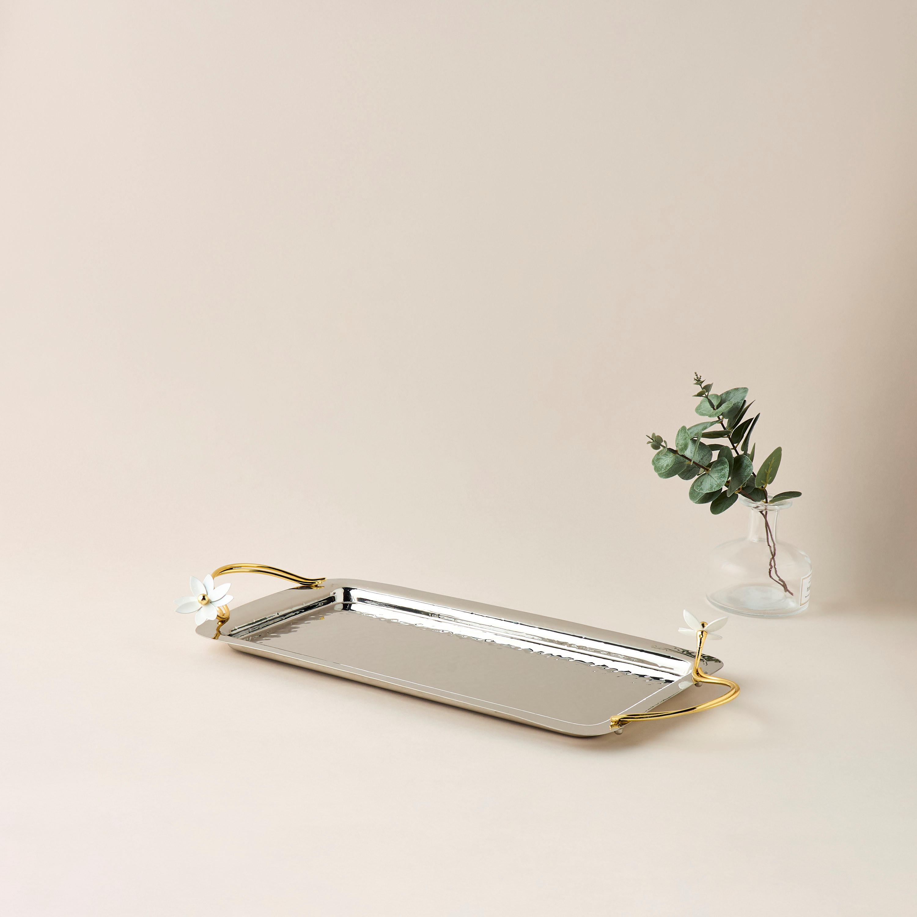 Floral Accent Steel Serving Tray with Handle - 52x24x7 cms-household-dining-serveware-servingtrays-image-1