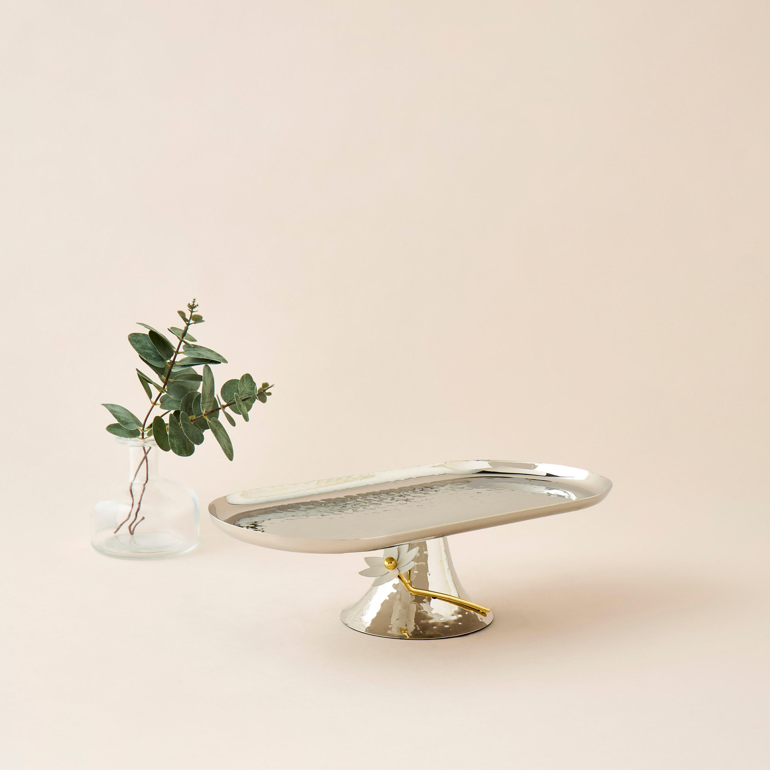 Floral Accent Steel Footed Serving Platter - 37x16x10 cms-household-dining-serveware-servingplatters-image-1