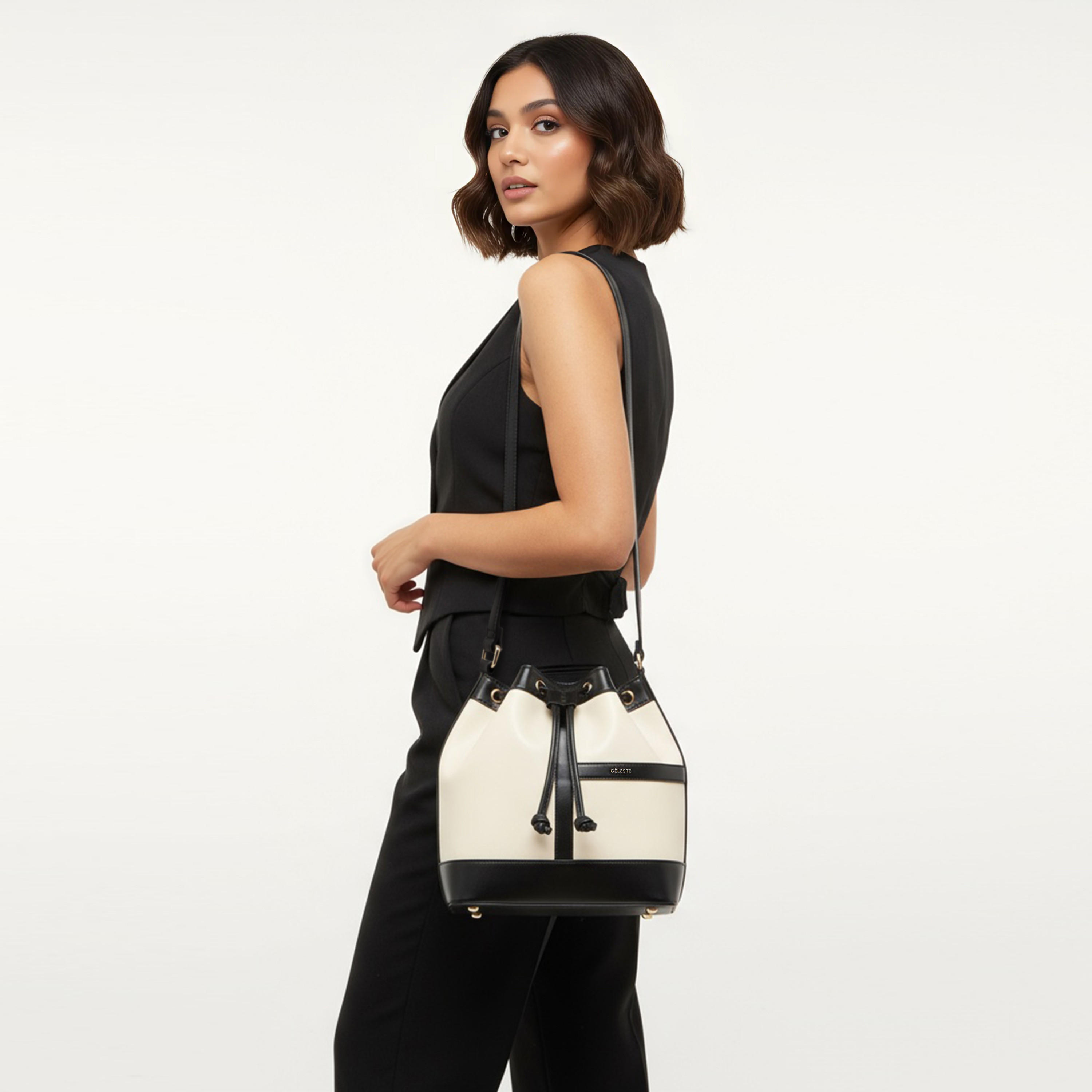 Celeste Panelled Bucket Bag with Drawstring Closure-women-bagsandwallets-handbags-image-2