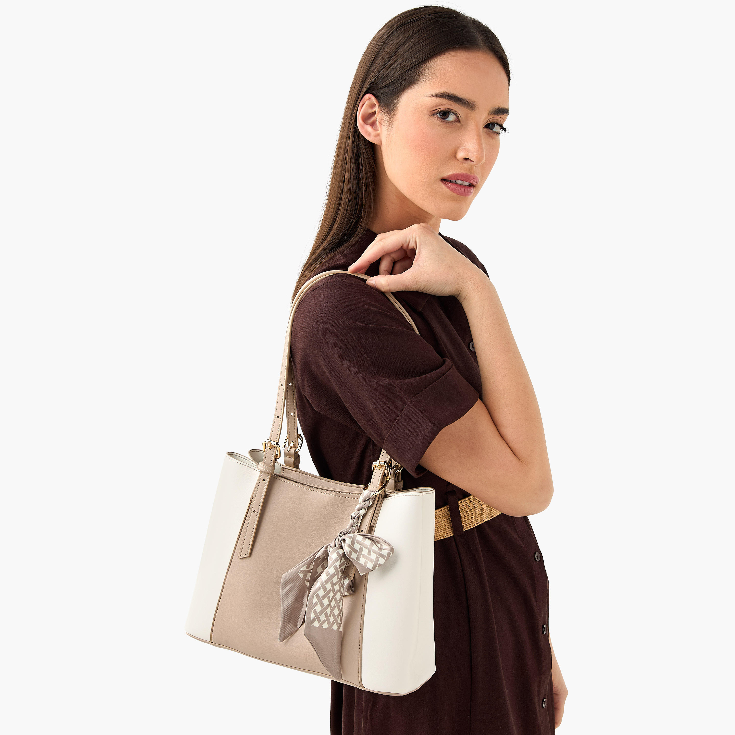 Sasha Kodes Colourblock Tote Bag with Scarf Accent-women-bagsandwallets-handbags-image-2