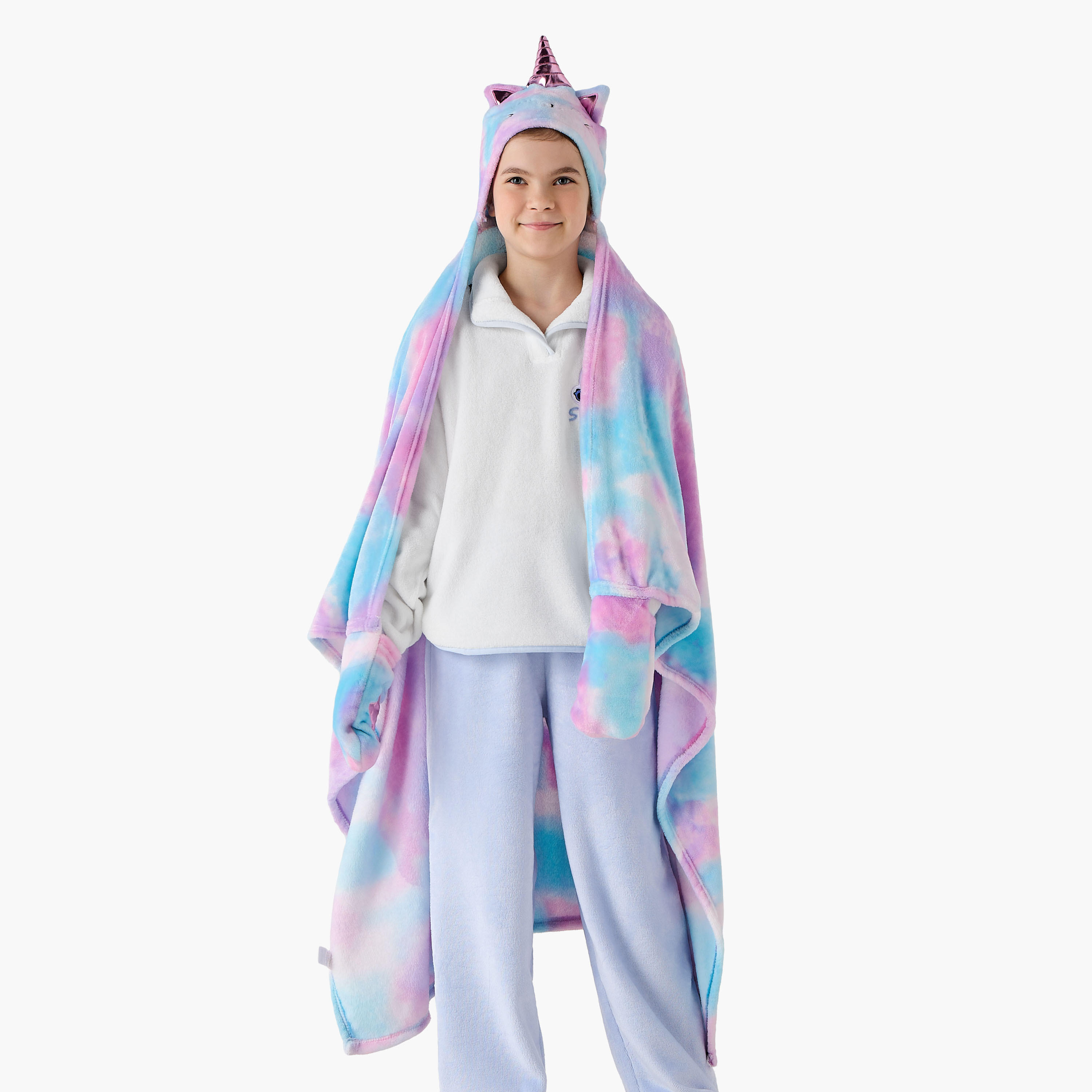Bin Caticorn Applique Hooded Blanket with Hand Pockets - 102x127 cms-girls-clothing-nightwear-image-2