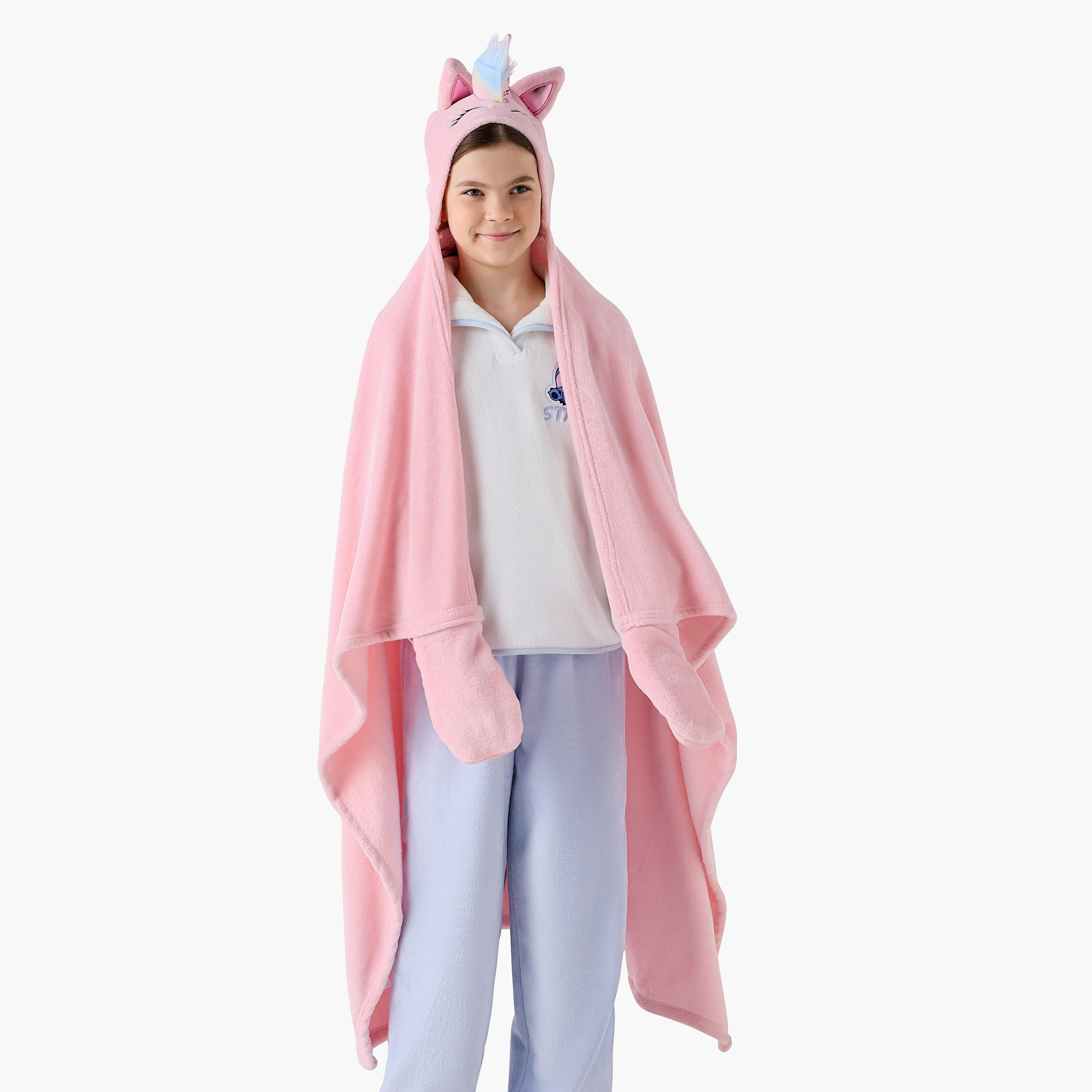 Bin Unicorn Applique Hooded Blanket with Hand Pockets - 102x127 cms-girls-clothing-nightwear-image-2