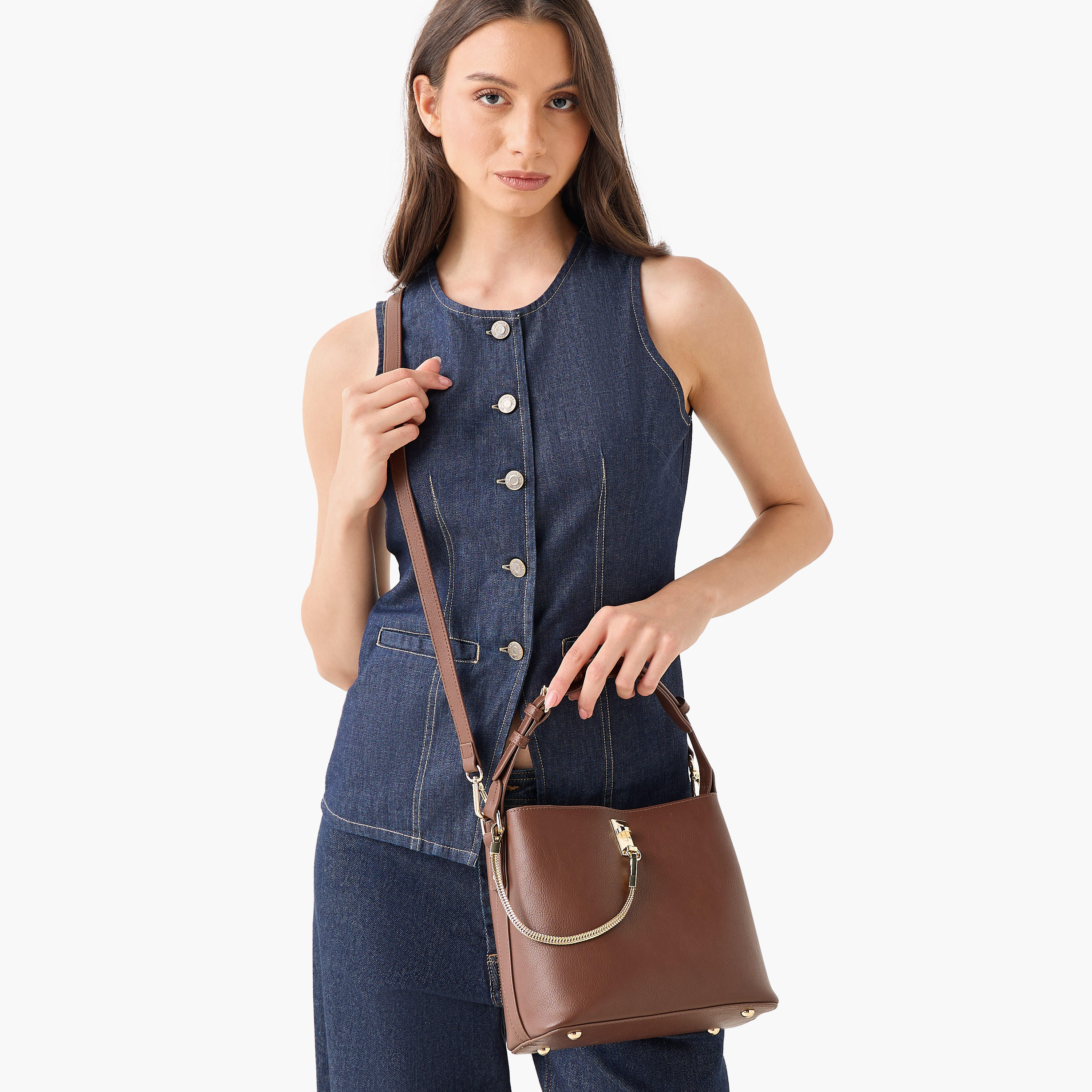 Le Confort Solid Shoulder Bag with Chain Accent and Zip Closure-women-bagsandwallets-handbags-image-8