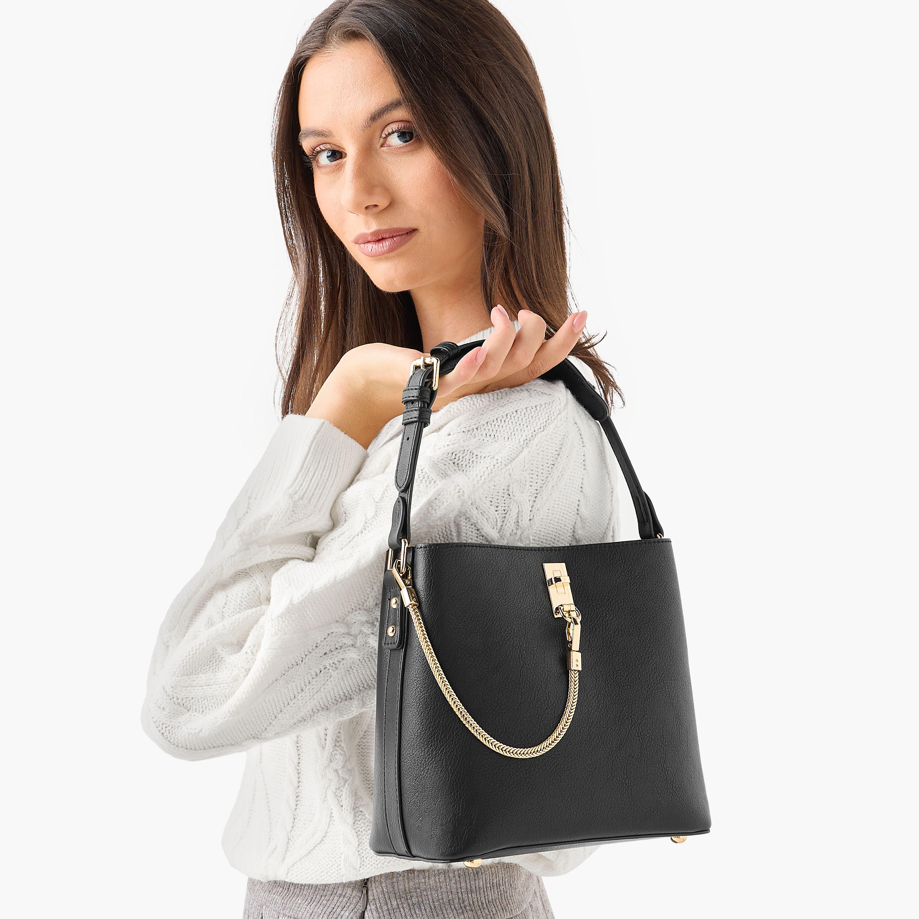 Le Confort Solid Shoulder Bag with Chain Accent and Zip Closure-women-bagsandwallets-handbags-image-2