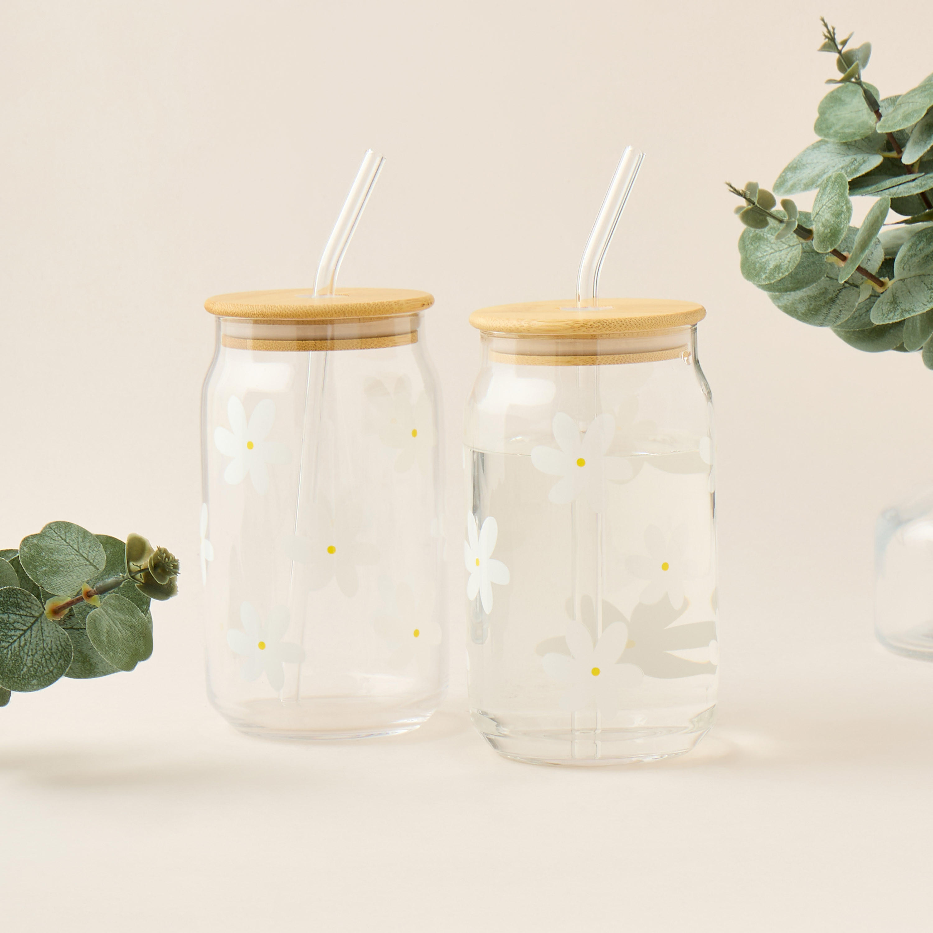 Daisy Print 2-Piece Glass Tumbler with Straw Set-household-dining-glassware-drinkingglasses-image-2