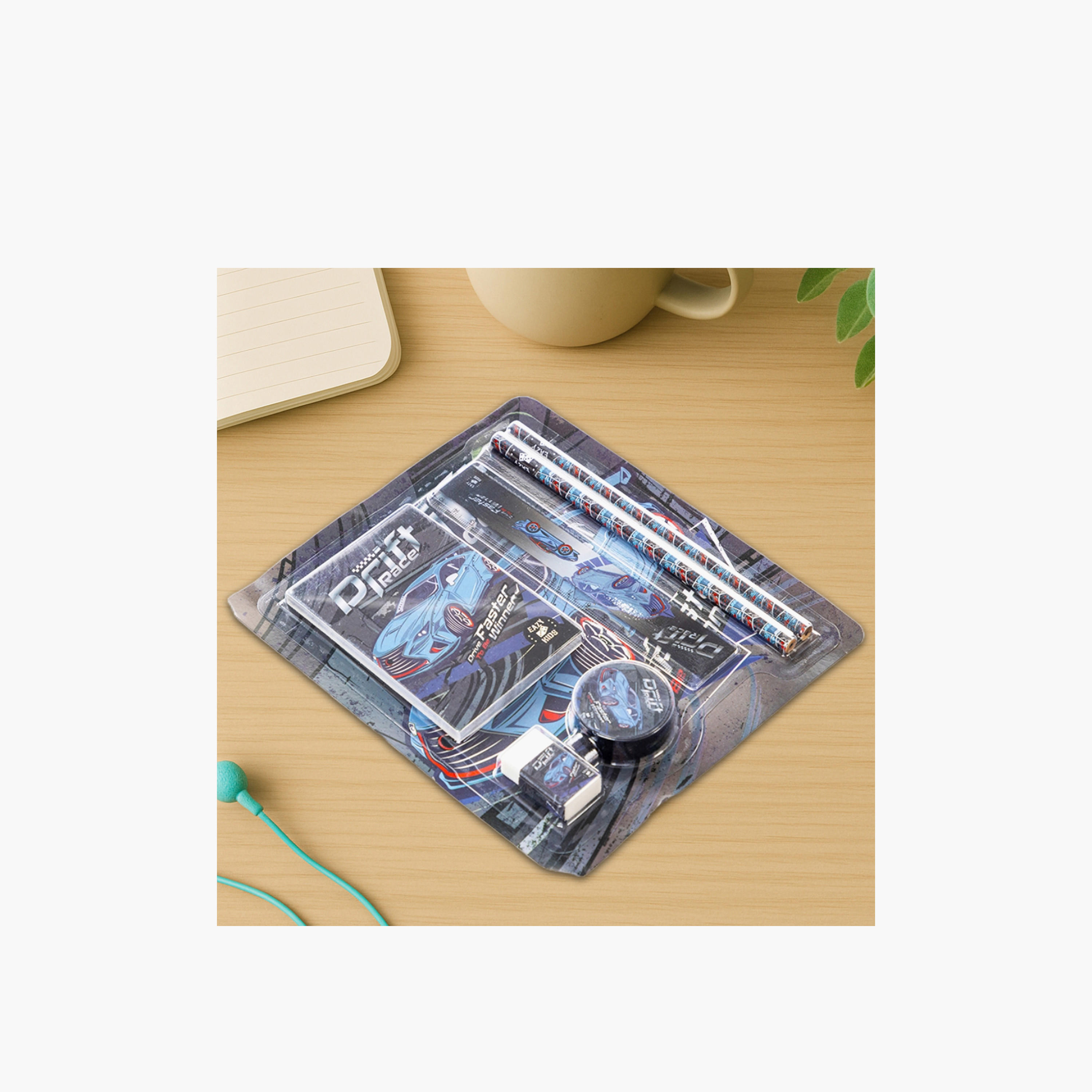 Eazy Kids Drift Racing Stationery Set with Pencil, Ruler, and Sticky Notes – 6-Piece-school-bagsandbackpacks-sets-image-2