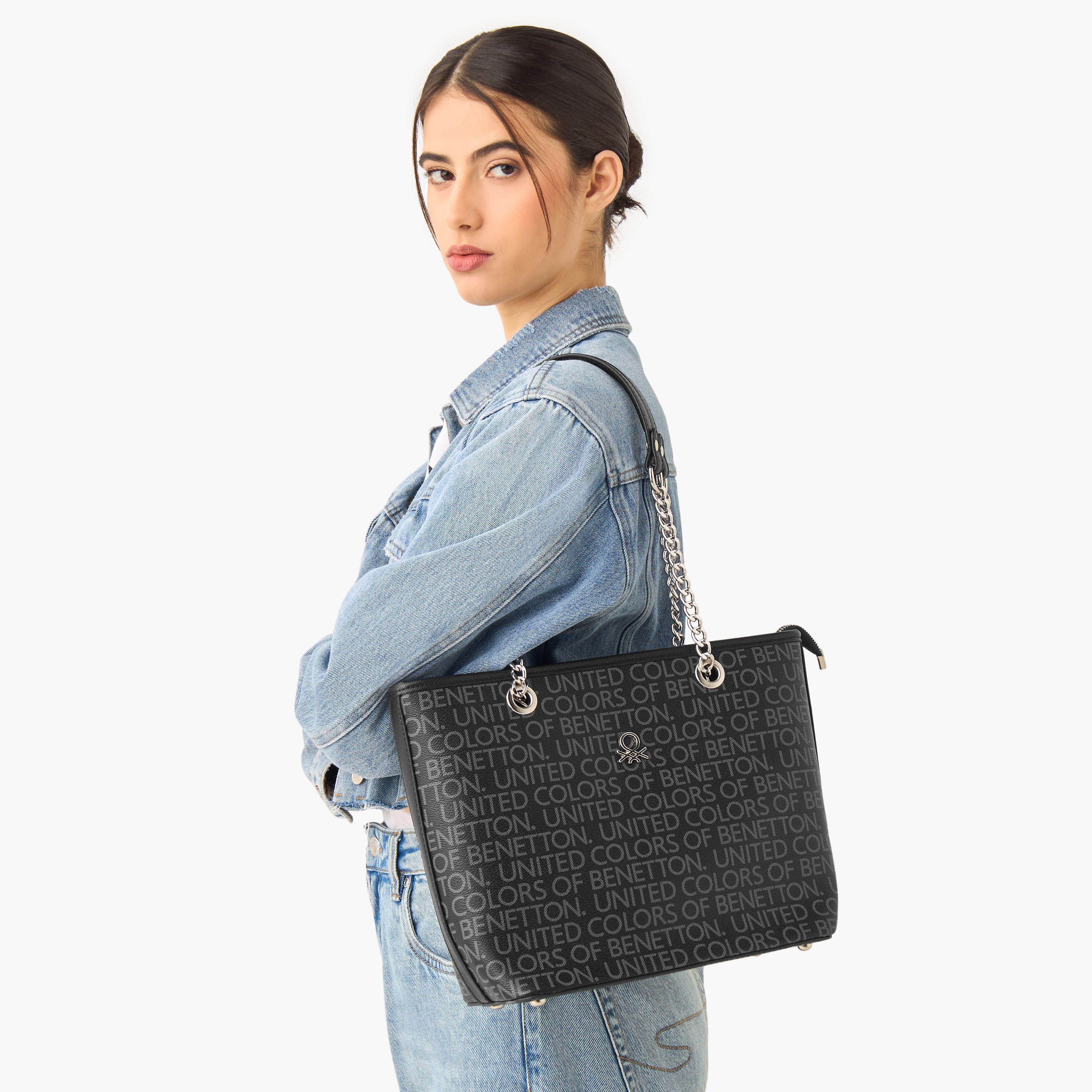 UCB Monogram Print Tote Bag with Chain Strap-women-bagsandwallets-handbags-image-2
