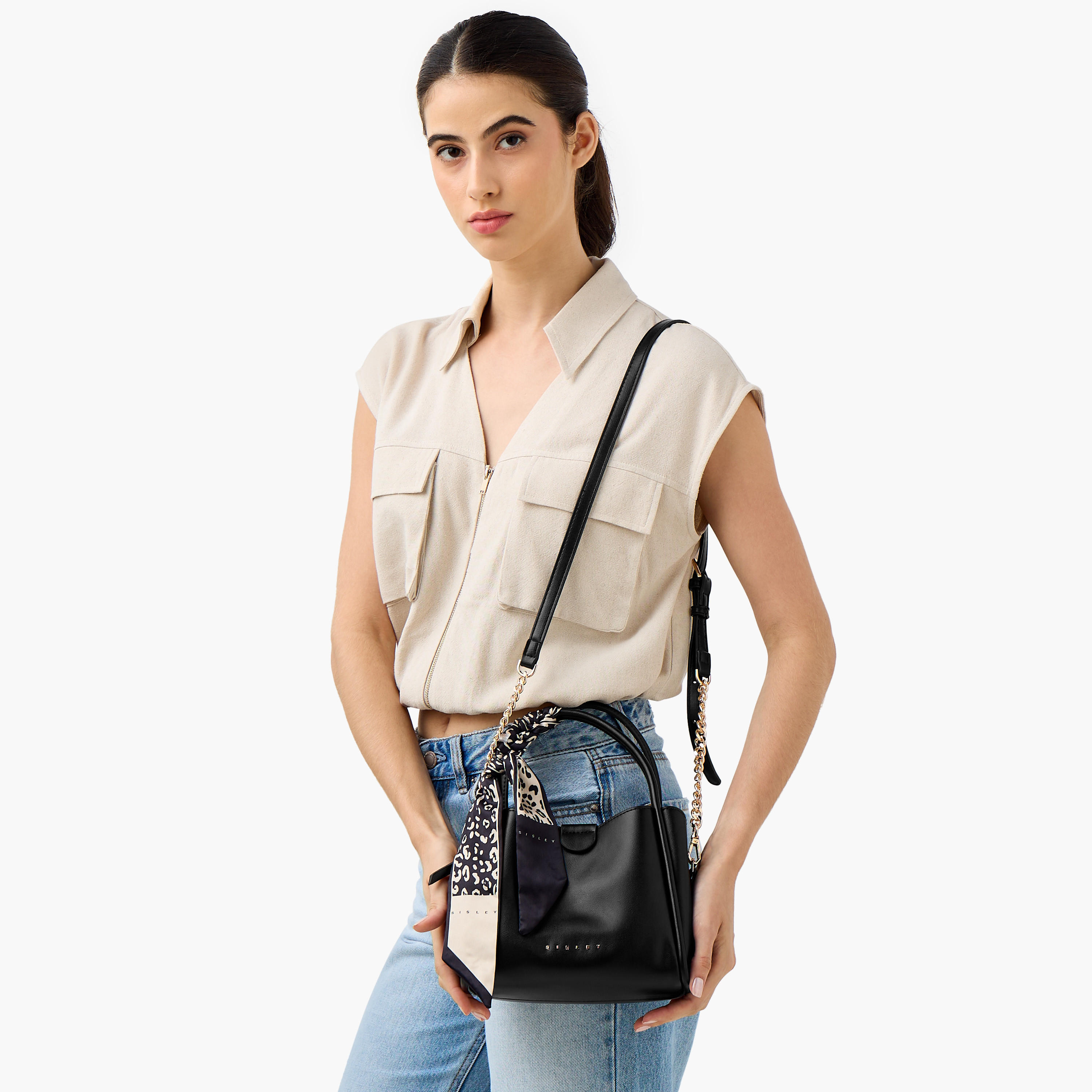 Sisley Textured Crossbody Bag with Scarf and Chain Detail-women-bagsandwallets-handbags-image-8