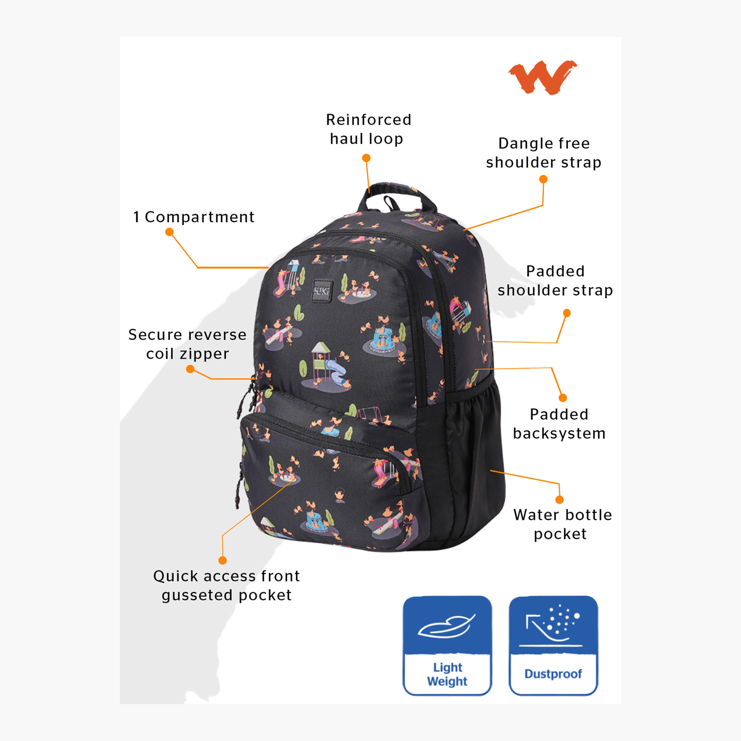 Wildcraft Wiki Duck Print School Backpack with Adjustable Shoulder Straps - 17x17x42 cms-school-bagsandbackpacks-backpacks-image-2